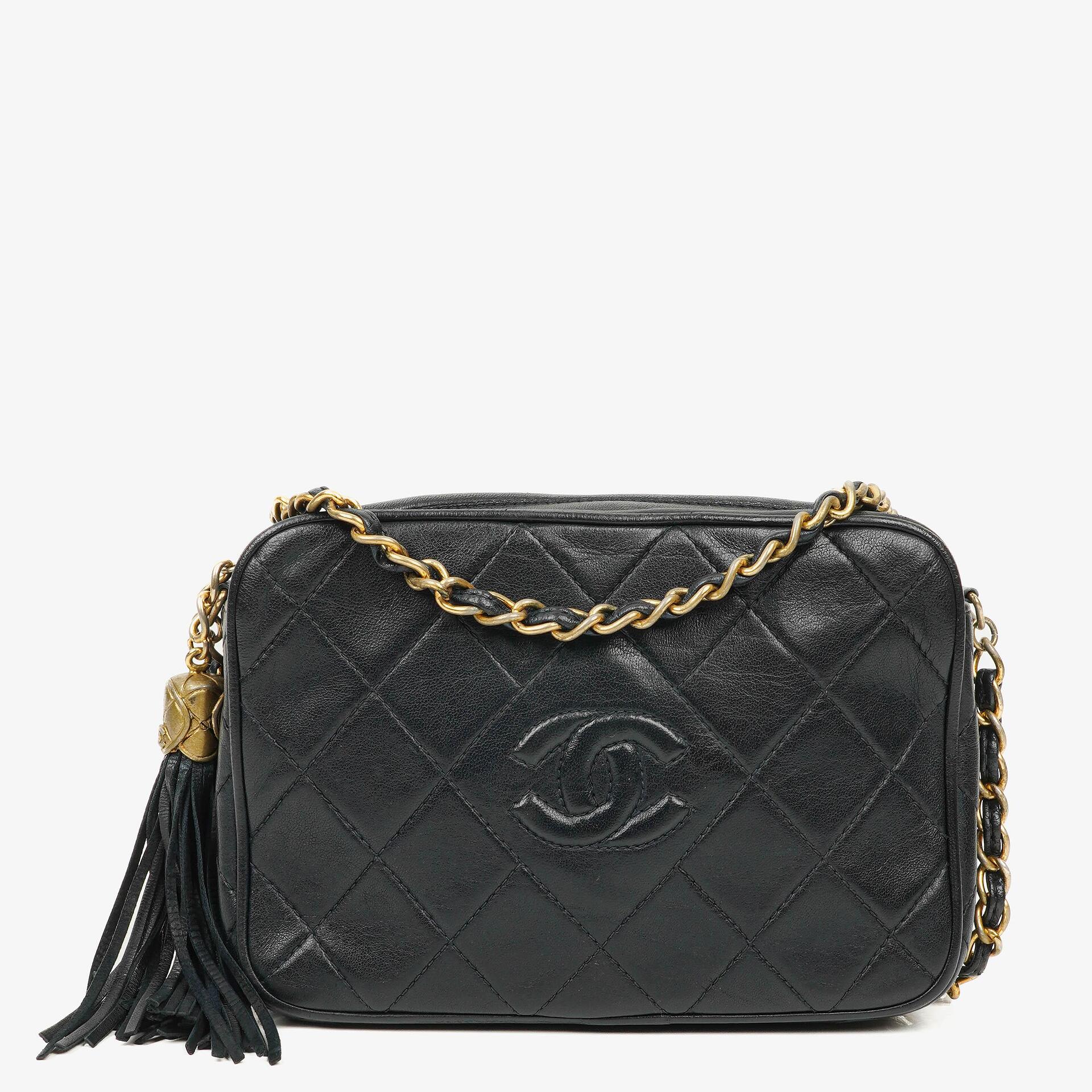 Chanel Vintage Small Camera Tassel Bag CC Navy Quilted Lambskin