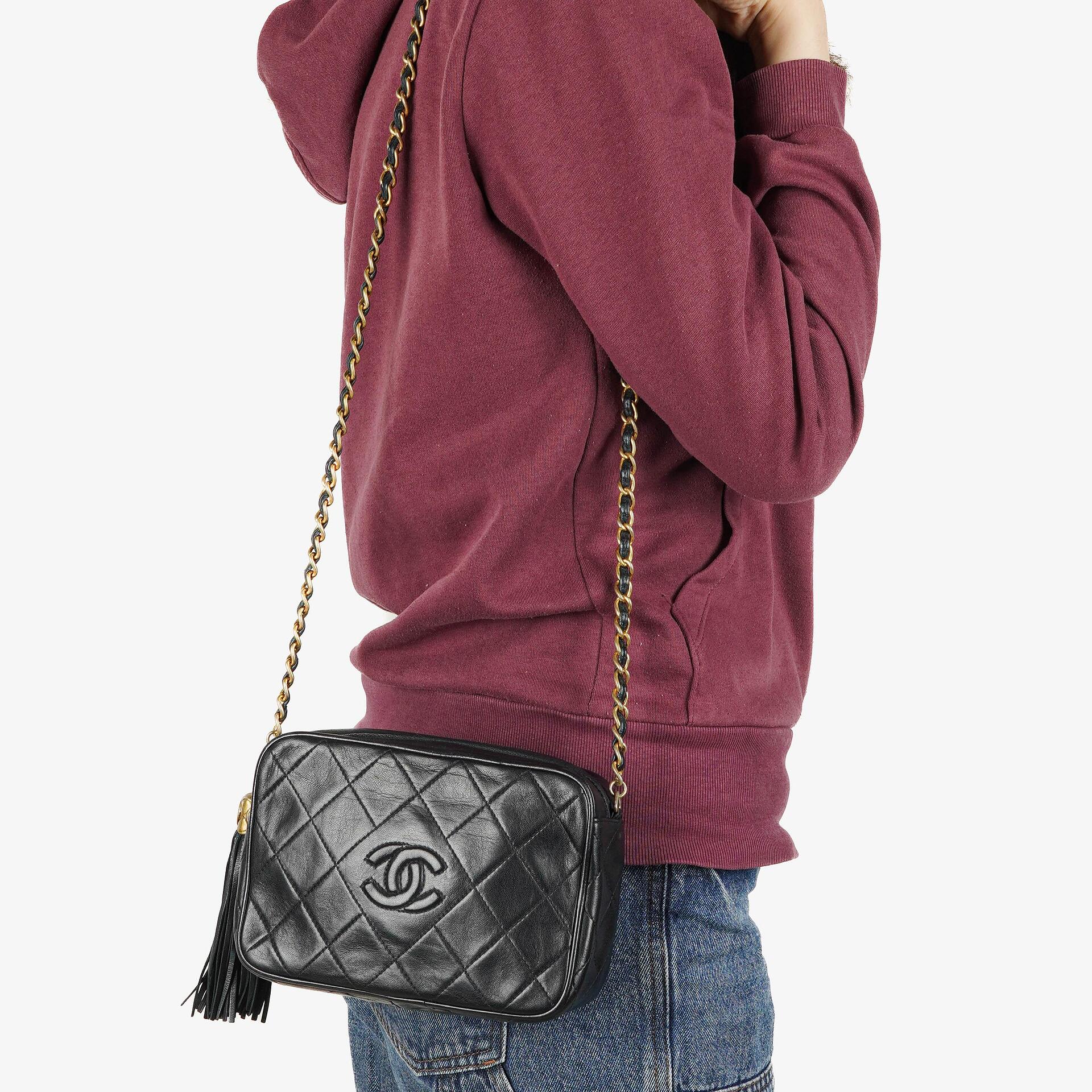 Chanel Vintage Small Camera Tassel Bag CC Navy Quilted Lambskin