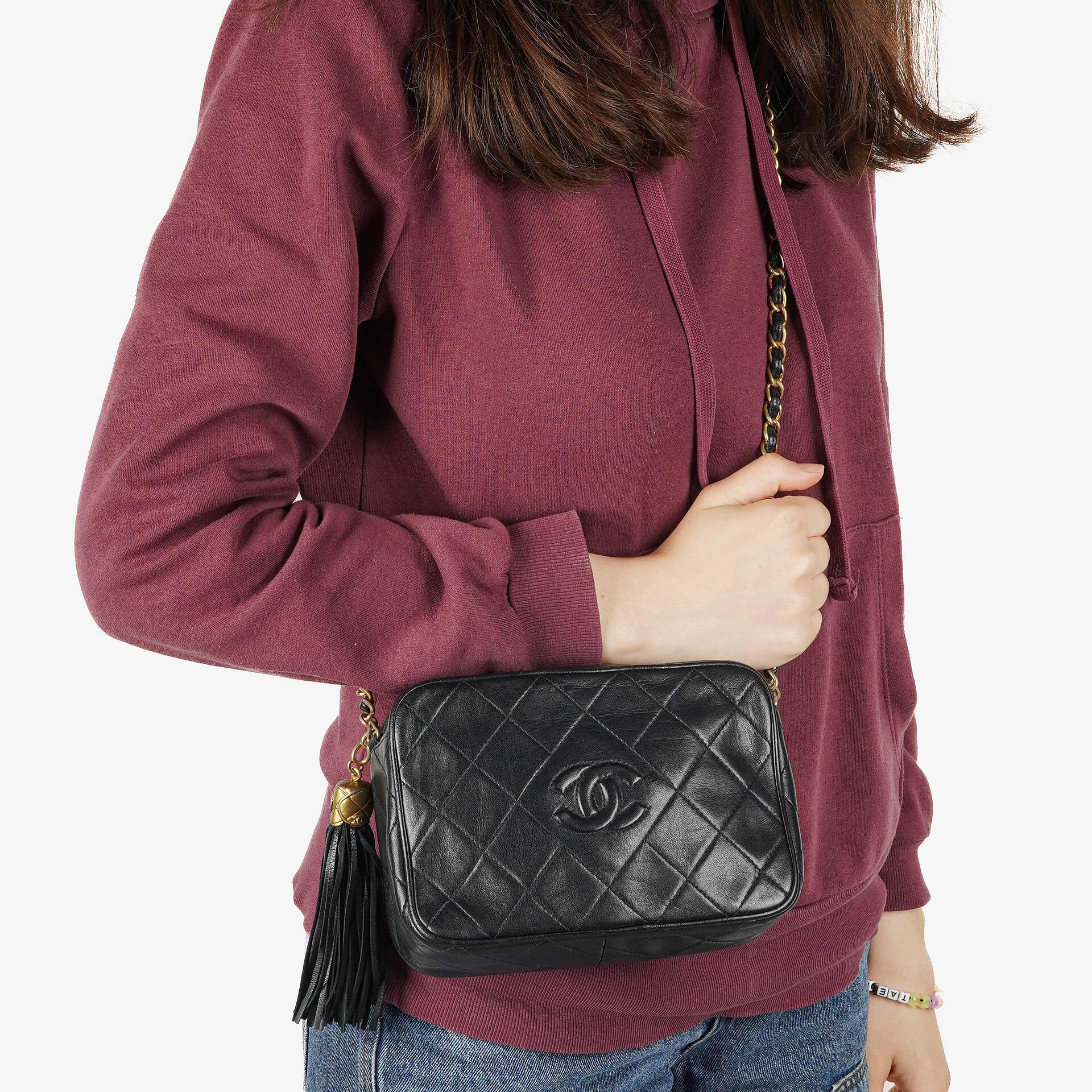 Chanel Vintage Small Camera Tassel Bag CC Navy Quilted Lambskin