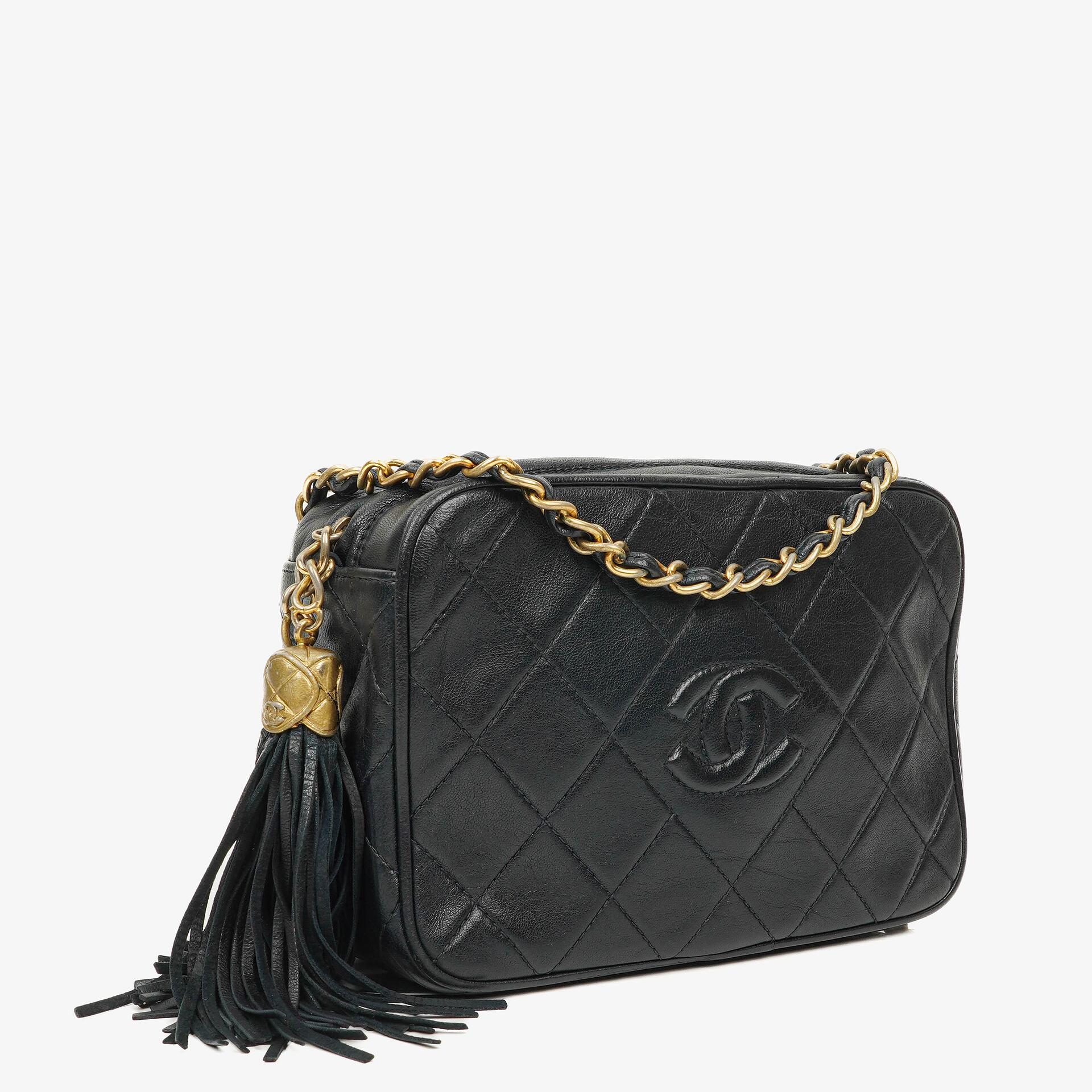 Chanel Vintage Small Camera Tassel Bag CC Navy Quilted Lambskin
