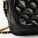 Chanel Vintage Small Camera Tassel Bag In Black Quilted Patent Leather