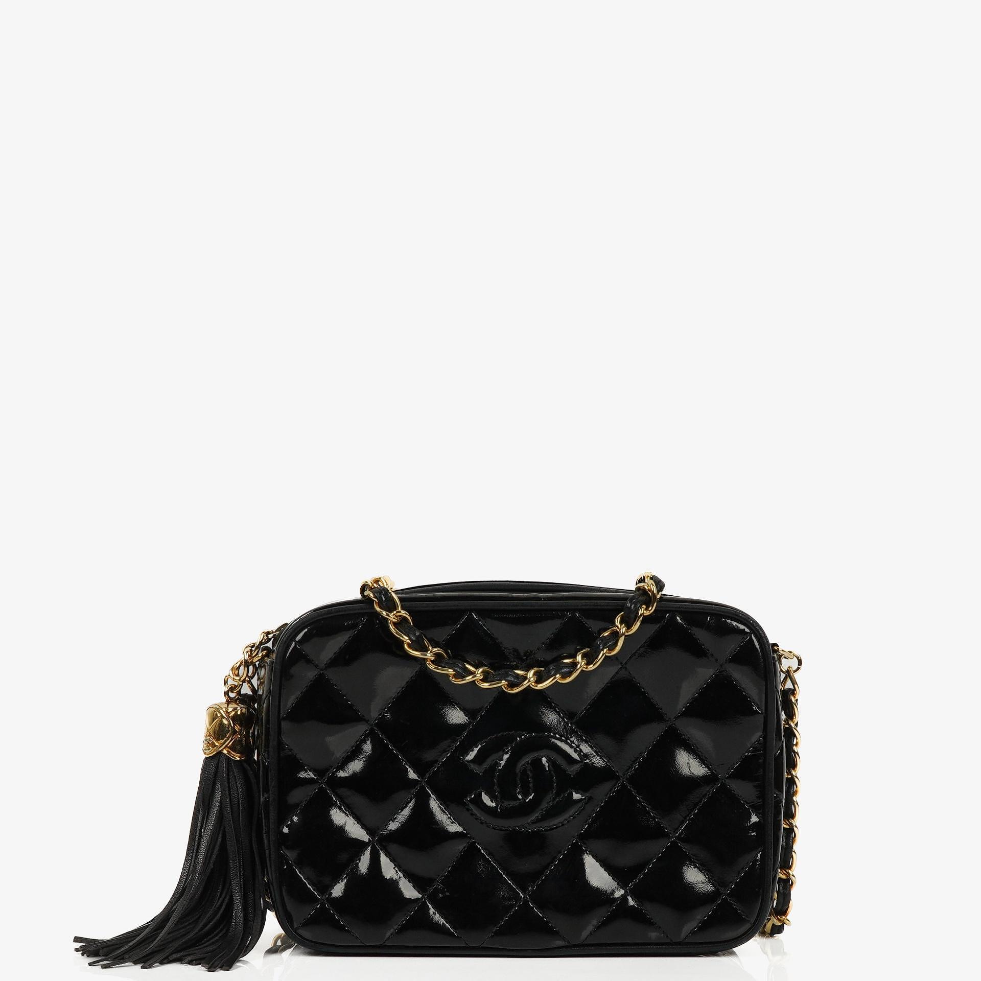 Chanel Vintage Small Camera Tassel Bag In Black Quilted Patent Leather