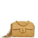 Chanel Vintage Small Camera Tassel Bag In Gold Quilted Suede With CC Logo Front Pocket
