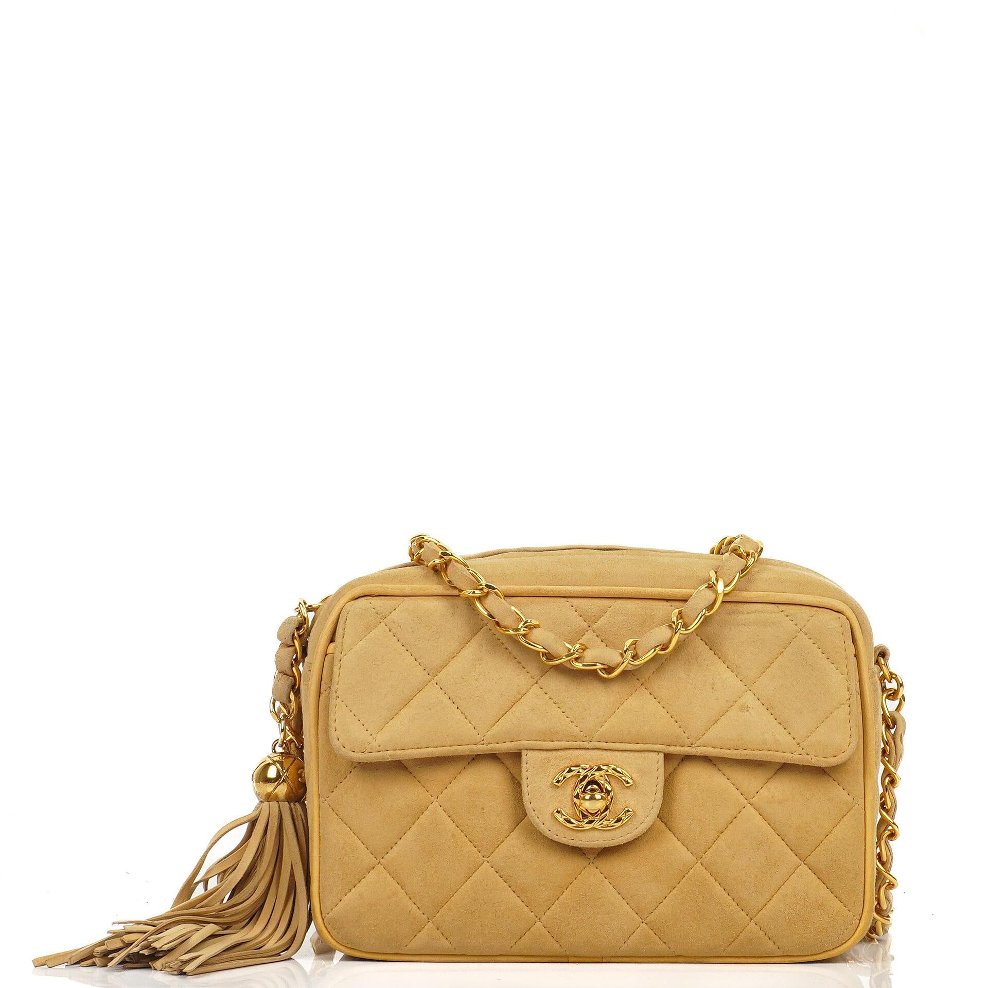Chanel Vintage Small Camera Tassel Bag In Gold Quilted Suede With CC Logo Front Pocket