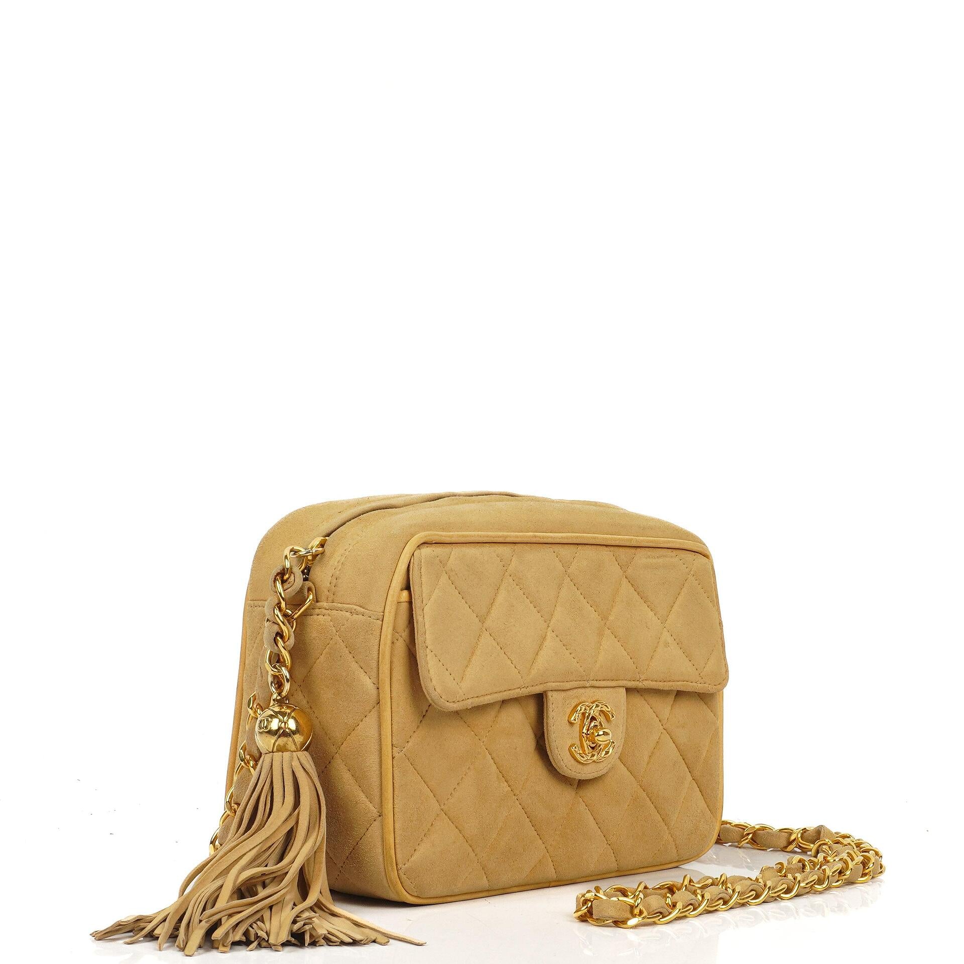 Chanel Vintage Small Camera Tassel Bag In Gold Quilted Suede With CC Logo Front Pocket