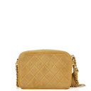Chanel Vintage Small Camera Tassel Bag In Gold Quilted Suede With CC Logo Front Pocket