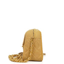 Chanel Vintage Small Camera Tassel Bag In Gold Quilted Suede With CC Logo Front Pocket