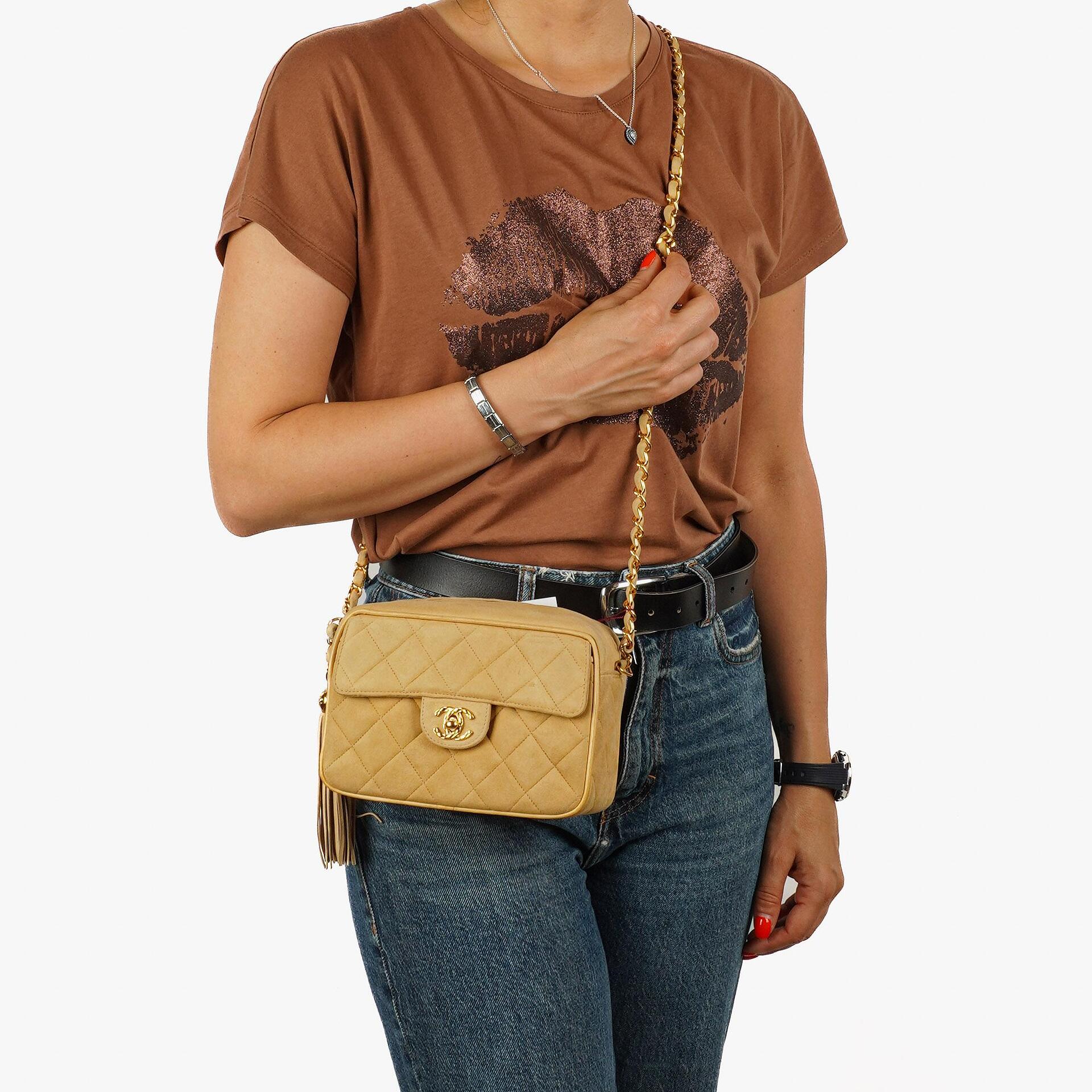 Chanel Vintage Small Camera Tassel Bag In Gold Quilted Suede With CC Logo Front Pocket