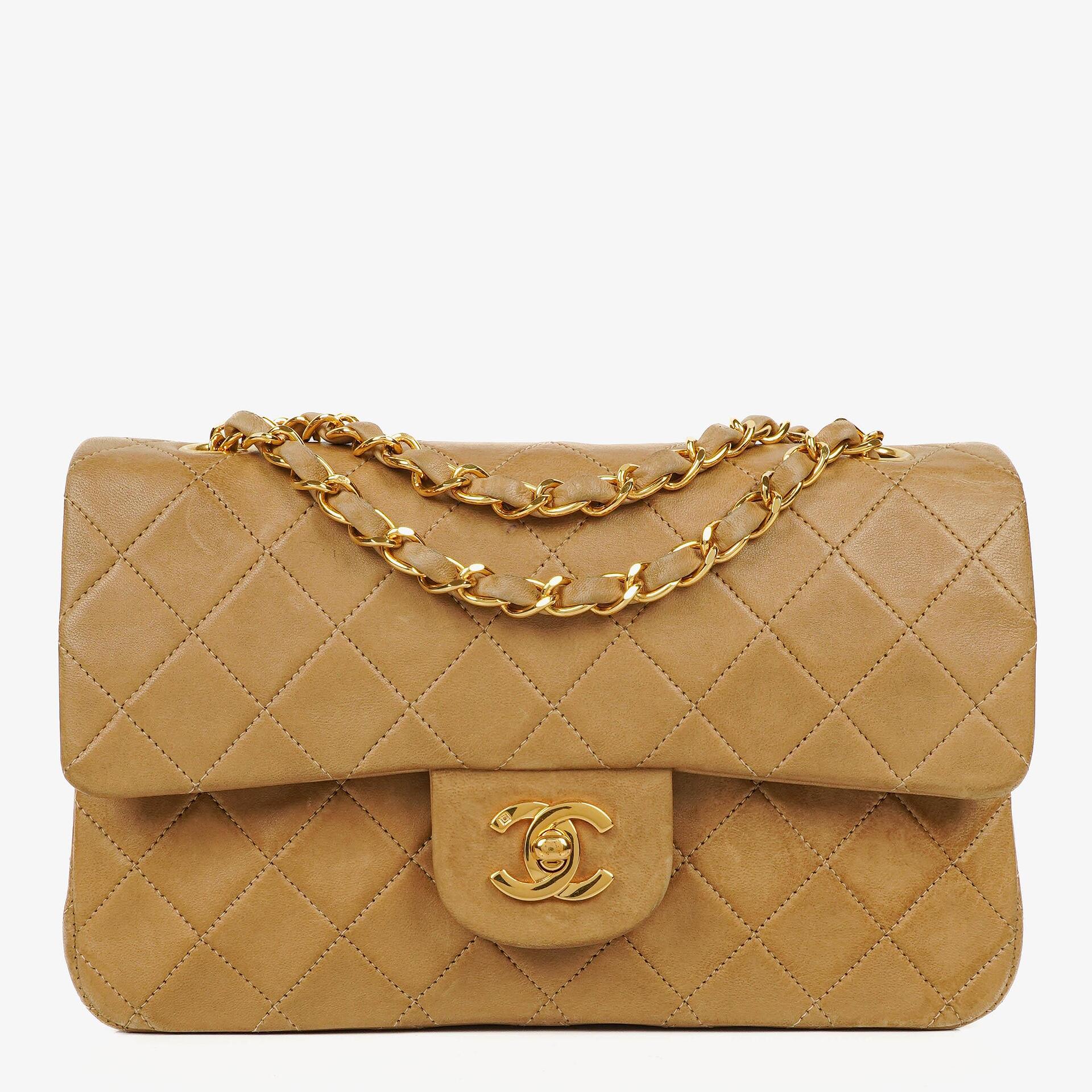 Chanel Vintage Small Classic Double Flap Bag Beige Quilted Leather 24K Gold-Plated Hardware