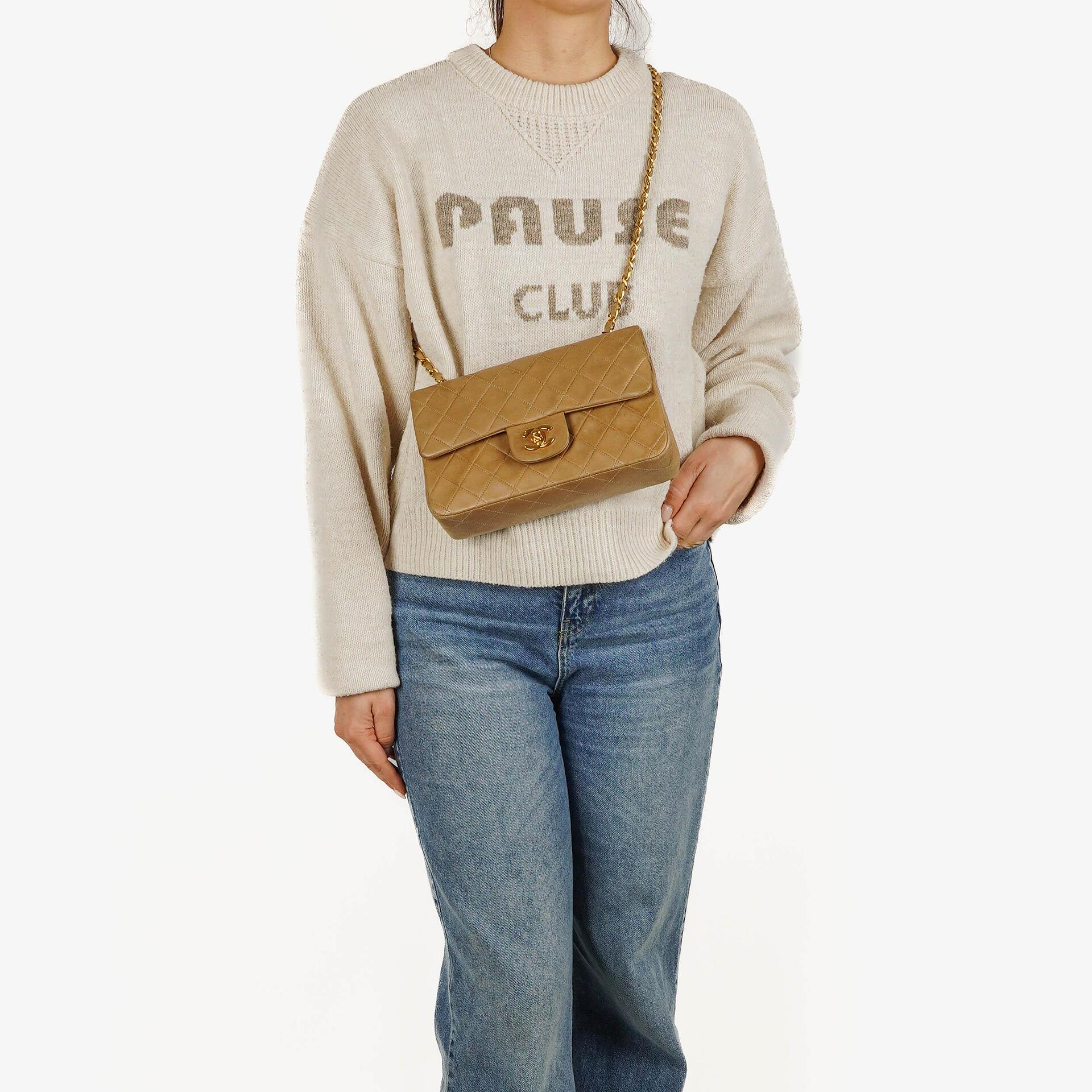 Chanel Vintage Small Classic Double Flap Bag Beige Quilted Leather 24K Gold-Plated Hardware