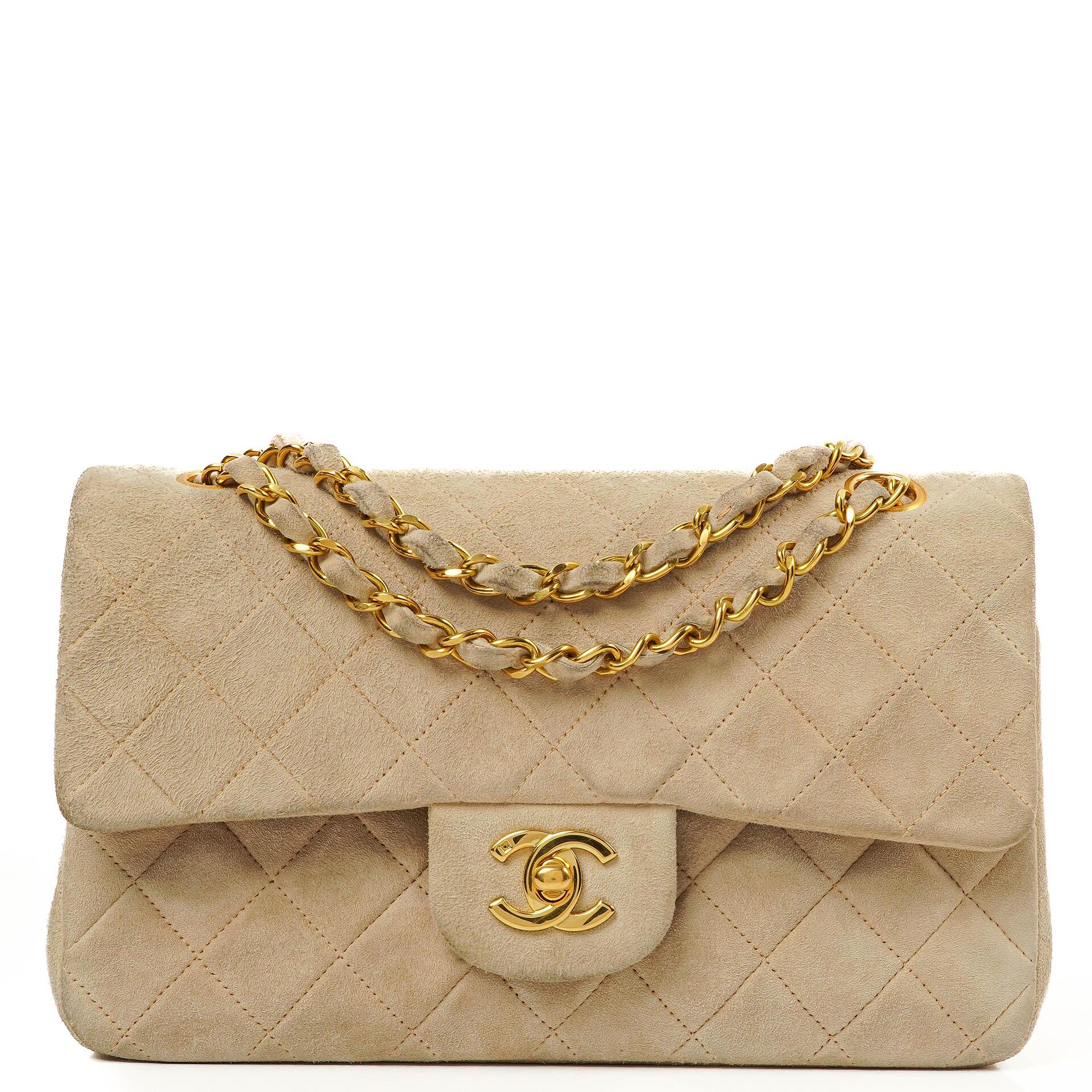 Chanel Vintage Small Classic Double Flap Bag Beige Suede 24K Gold-Plated Hardware, 1986-1988