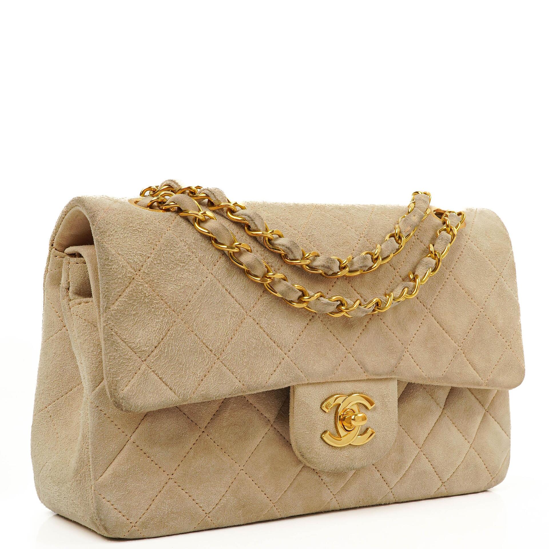 Chanel Vintage Small Classic Double Flap Bag Beige Suede 24K Gold-Plated Hardware, 1986-1988