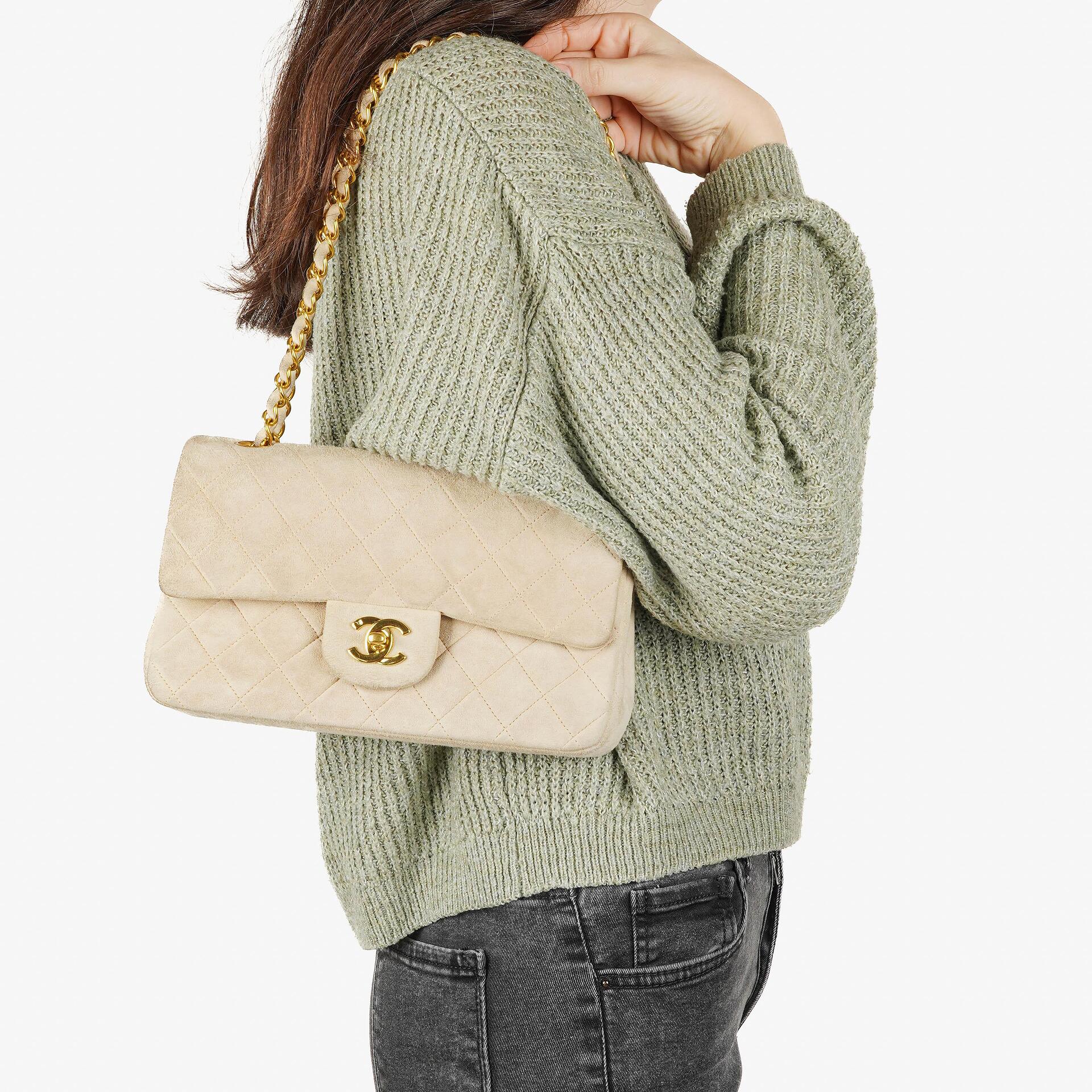 Chanel Vintage Small Classic Double Flap Bag Beige Suede 24K Gold-Plated Hardware, 1986-1988