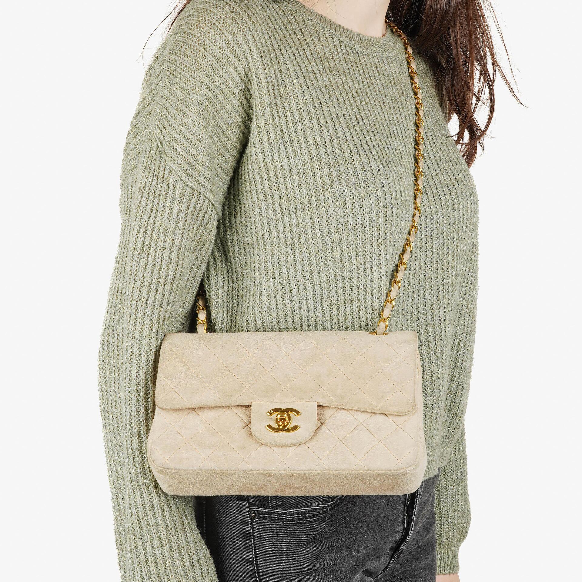 Chanel Vintage Small Classic Double Flap Bag Beige Suede 24K Gold-Plated Hardware, 1986-1988