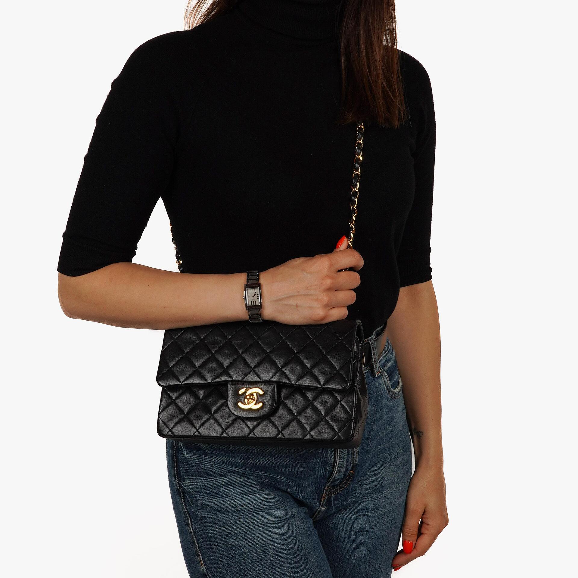 Chanel Vintage Small Classic Double Flap Bag Black Quilted Lambskin With 24K Gold-Plated Hardware