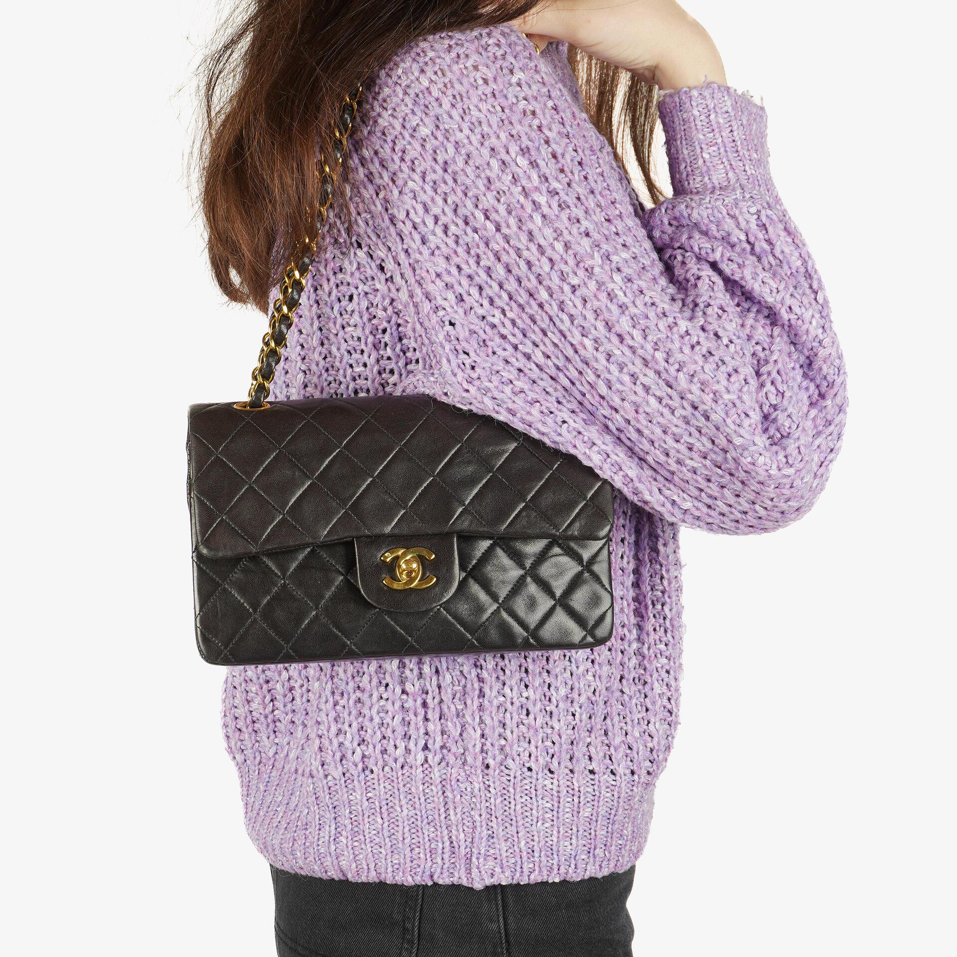 Chanel Vintage Small Classic Double Flap Bag Black Quilted Lambskin With 24K Gold-Plated Hardware