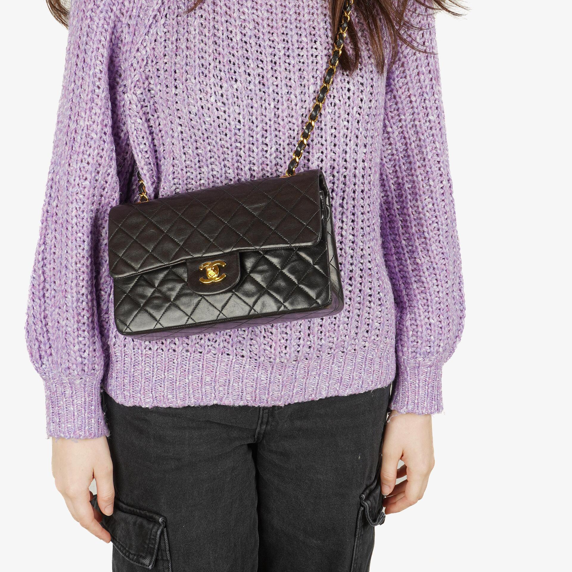 Chanel Vintage Small Classic Double Flap Bag Black Quilted Lambskin With 24K Gold-Plated Hardware
