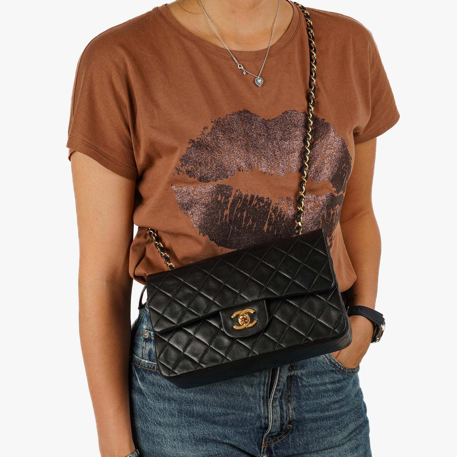 Chanel Vintage Small Classic Double Flap Black Quilted Lambskin 24K Gold-Plated Hardware
