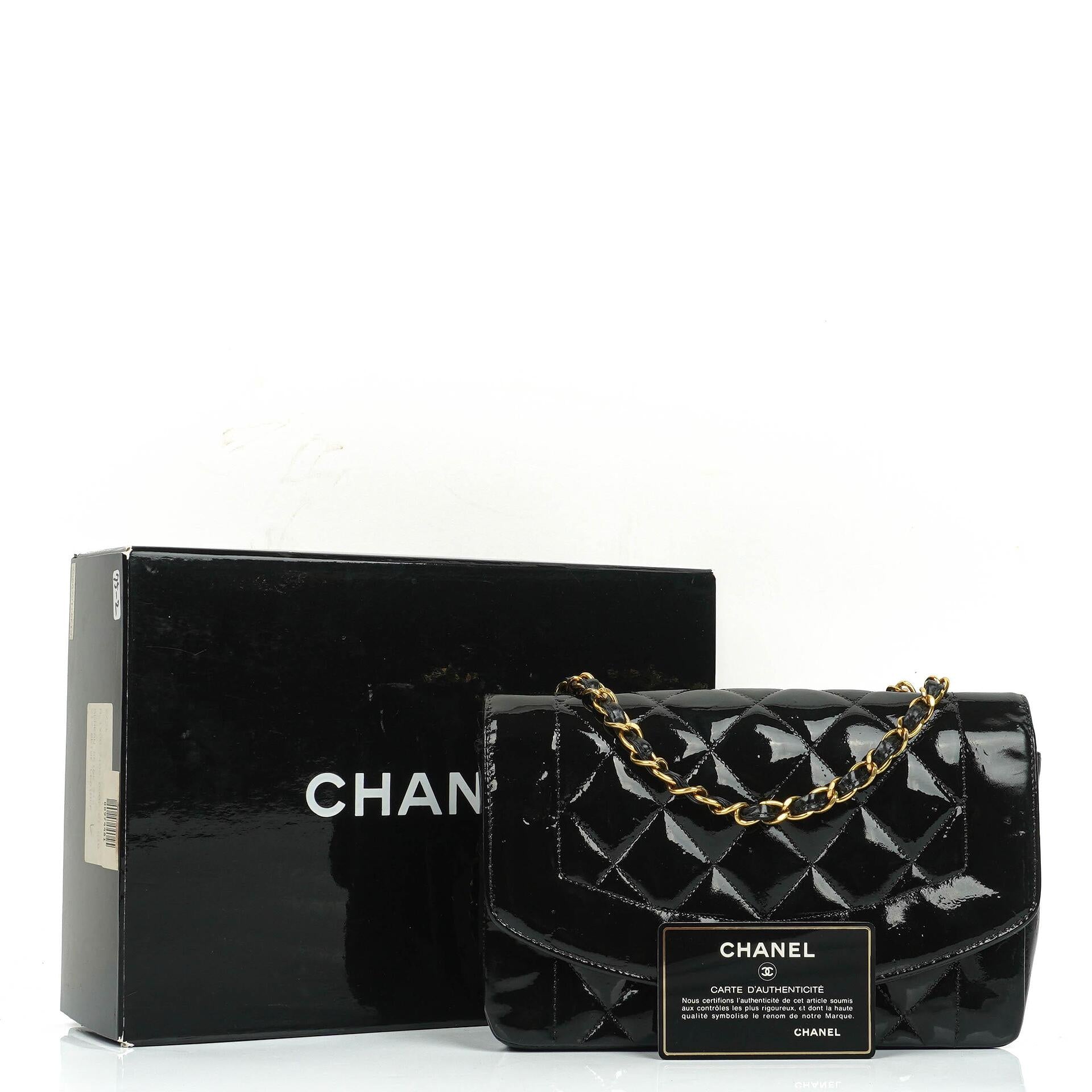 Chanel Vintage Small Diana Flap Bag Black Quilted Patent Leather With 24K Gold-Plated Hardware