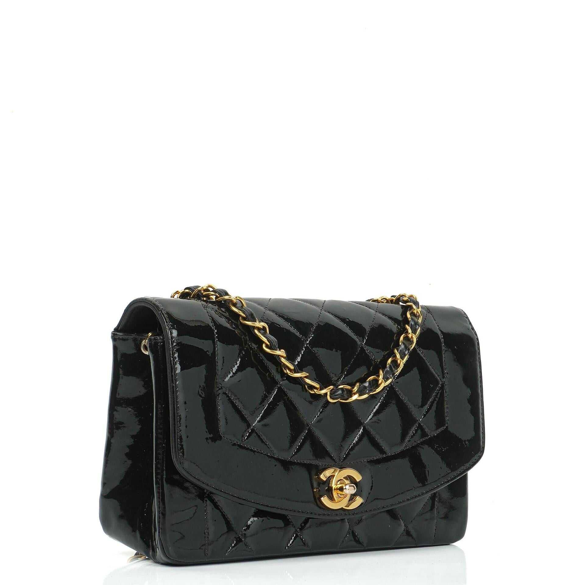Chanel Vintage Small Diana Flap Bag Black Quilted Patent Leather With 24K Gold-Plated Hardware