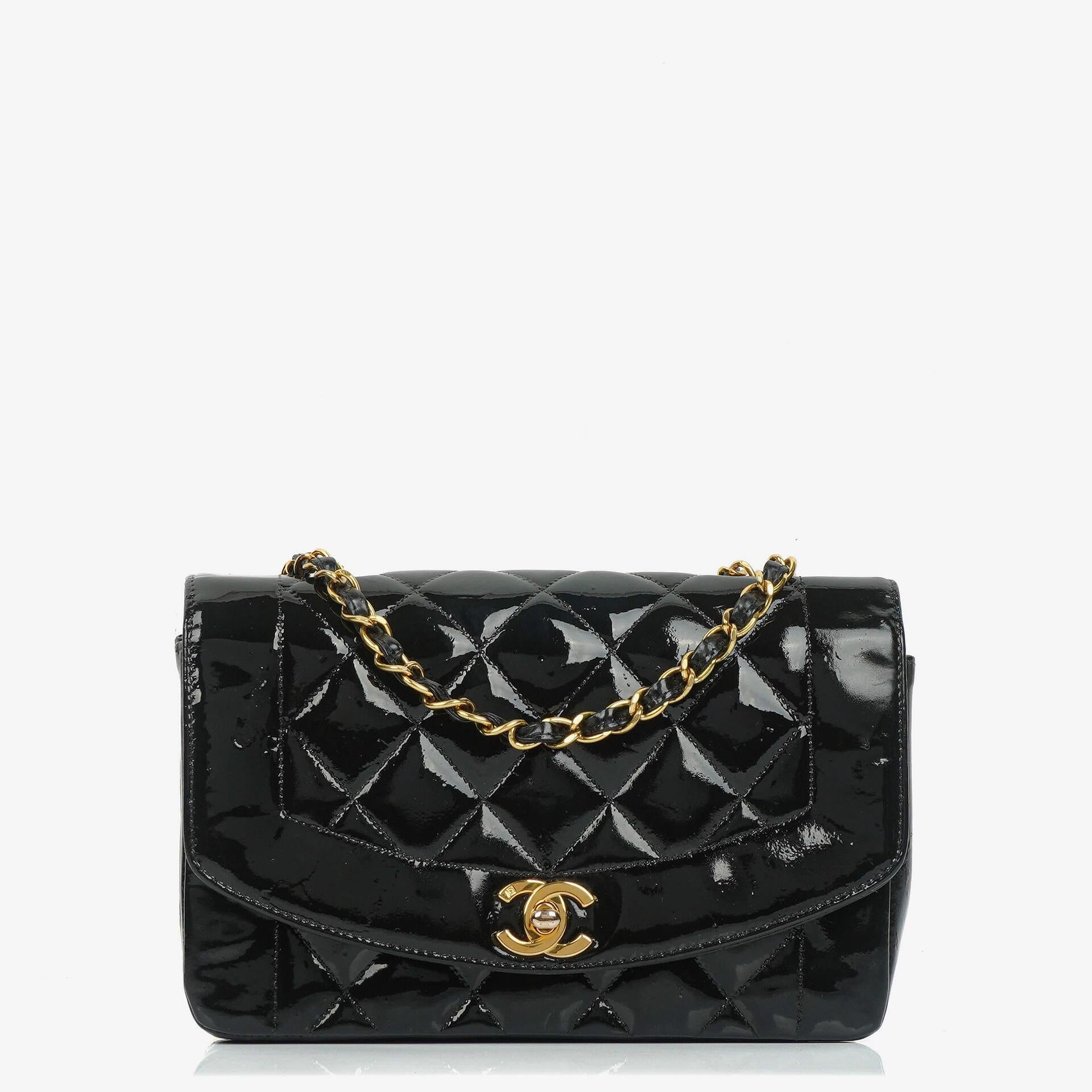Chanel Vintage Small Diana Flap Bag Black Quilted Patent Leather With 24K Gold-Plated Hardware