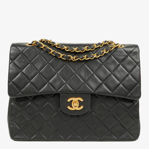 Chanel Vintage Square Classic Double Flap Bag Black Quilted Lambskin 24K Gold-Plated Hardware