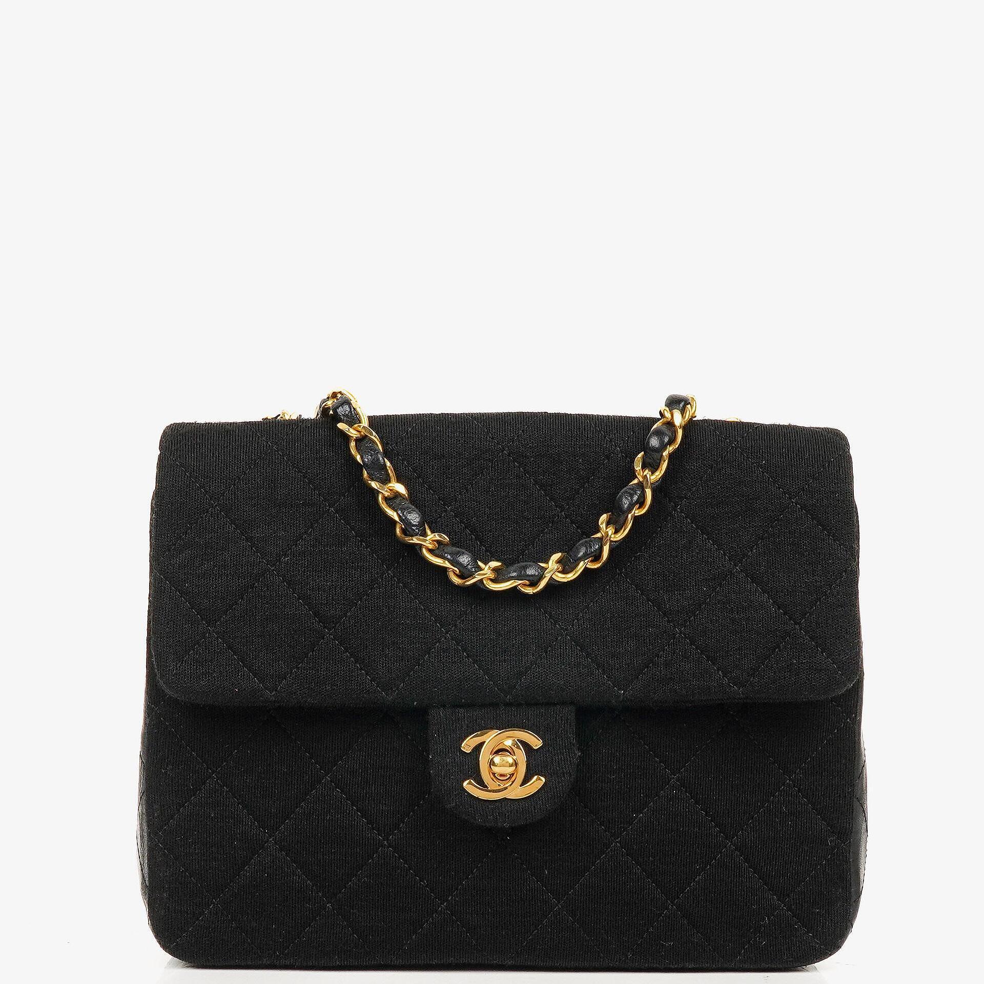 Chanel Vintage Square Single Flab Bag Black Quilted Jersey and Leather 24K Gold-Plated Hardware, 1989-1991