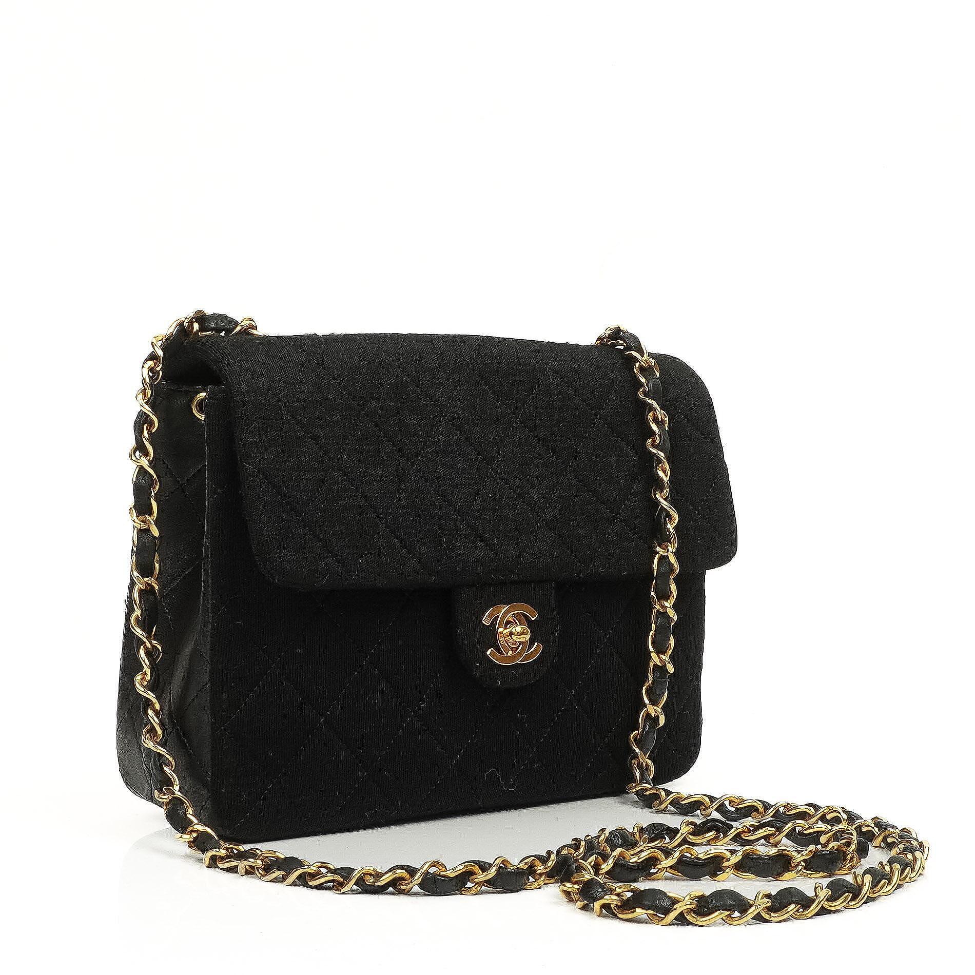 Chanel Vintage Square Single Flab Bag Black Quilted Jersey and Leather 24K Gold-Plated Hardware, 1989-1991