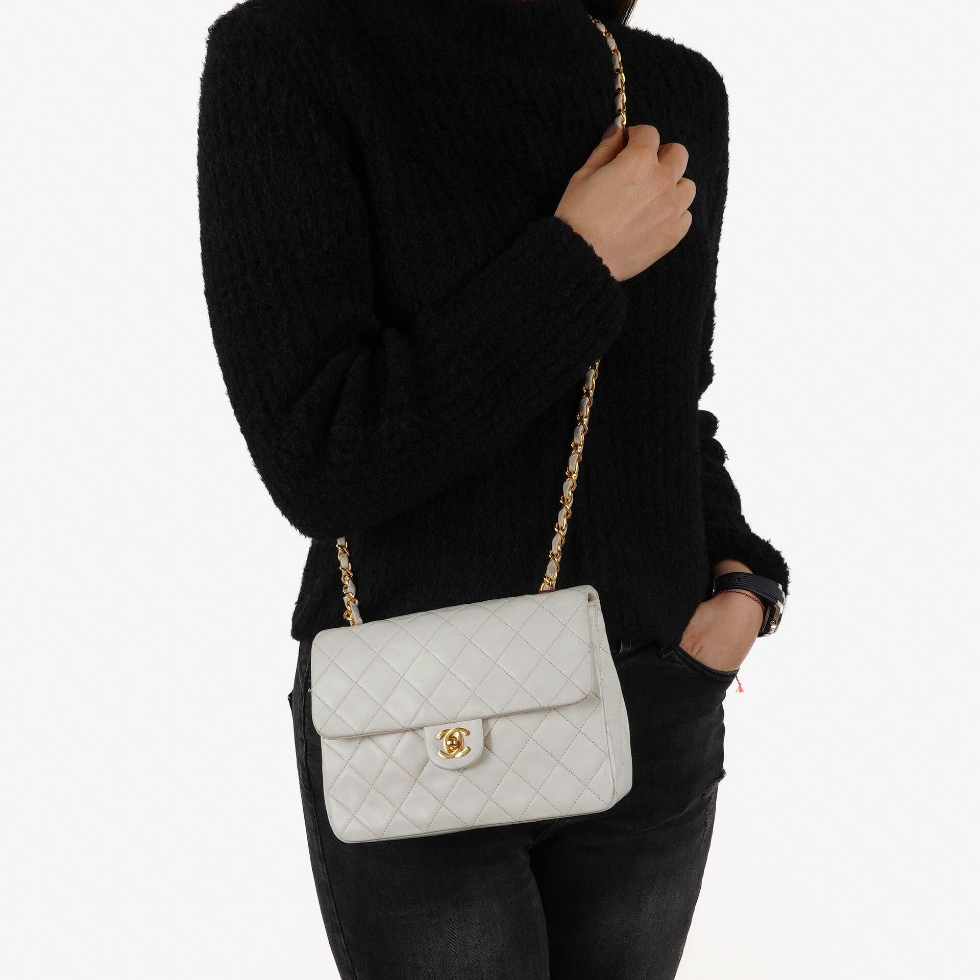 Chanel Vintage Square Flap Bag In White Quilted Lambskin With 24K Gold-Plated Hardware