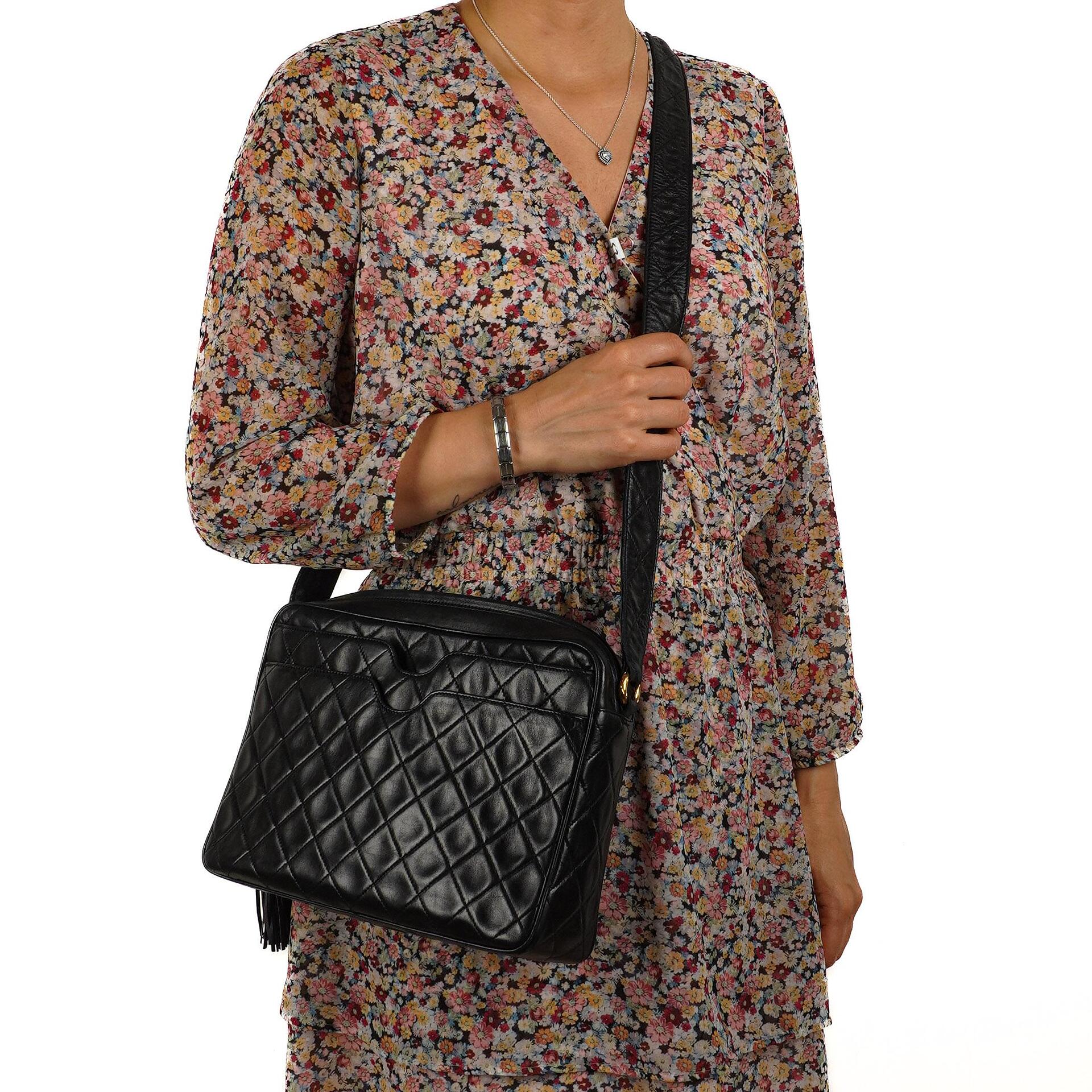 Chanel Vintage Camera Tassel Bag Black Quilted Lambskin Gold-Tone Hardware