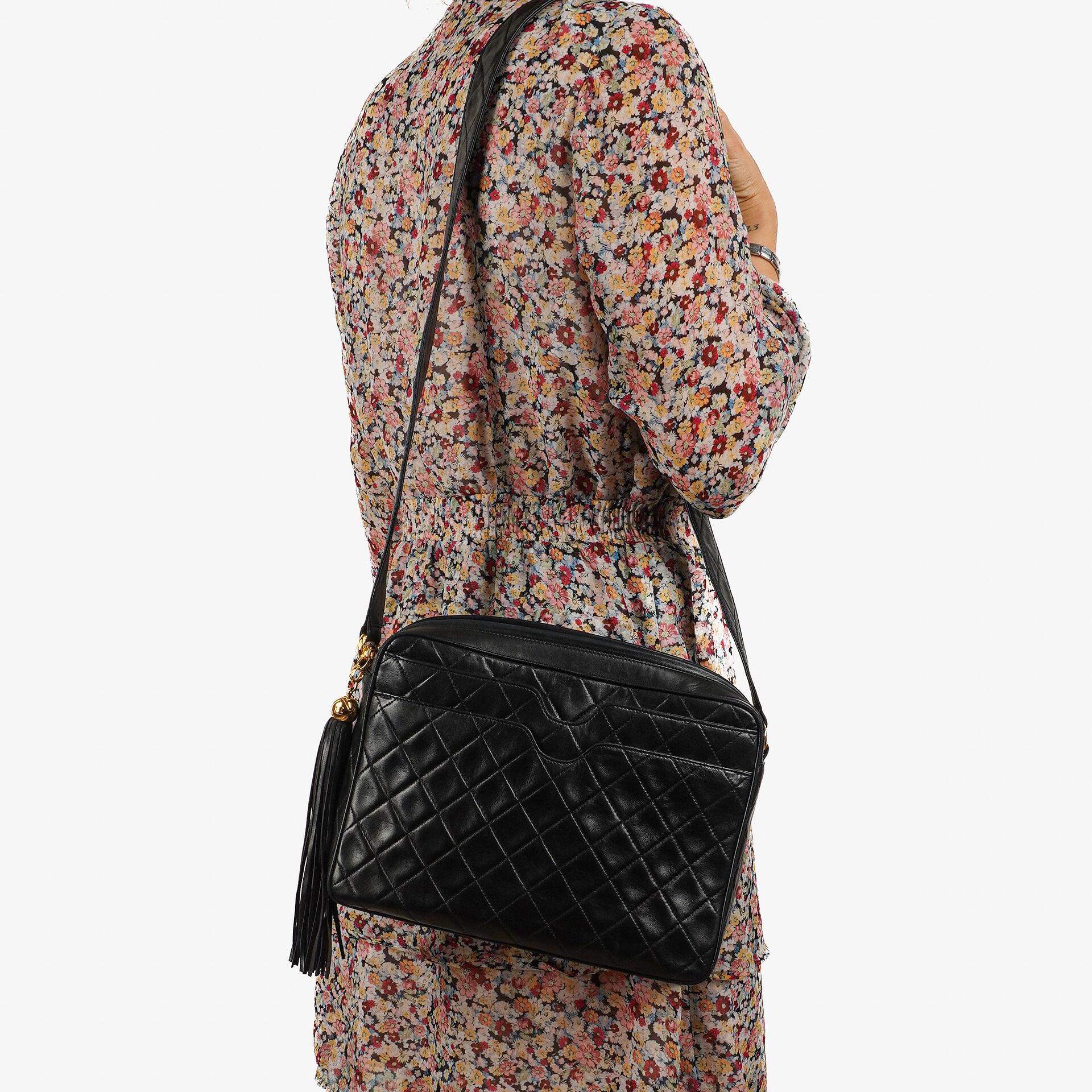 Chanel Vintage Camera Tassel Bag Black Quilted Lambskin Gold-Tone Hardware
