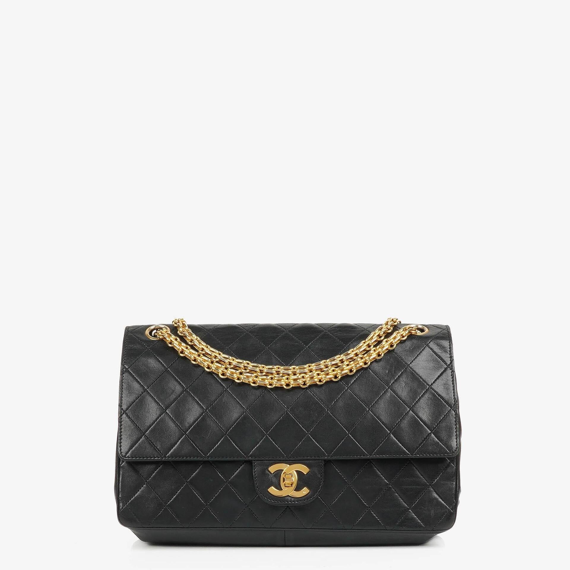 Chanel Vintage Timeless Classic Medium Double Flap Bag Black Quilted Lambskin With 24K Gold-Plated Hardware And Mademoiselle Chain