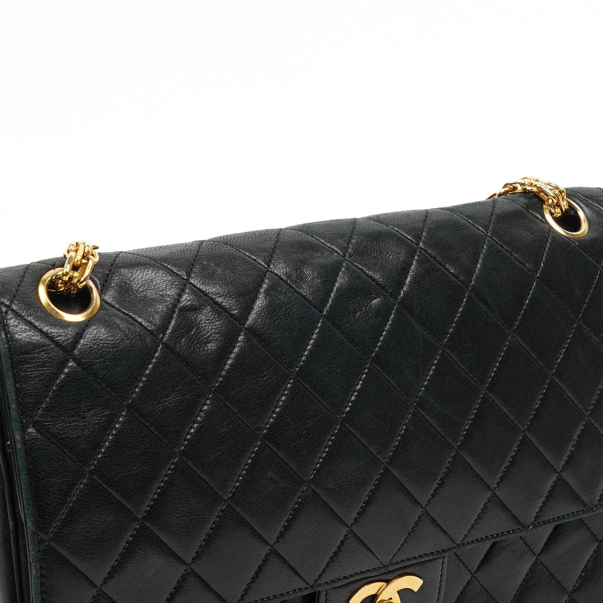 Chanel Vintage Timeless Classic Medium Double Flap Bag Black Quilted Lambskin With 24K Gold-Plated Hardware And Mademoiselle Chain