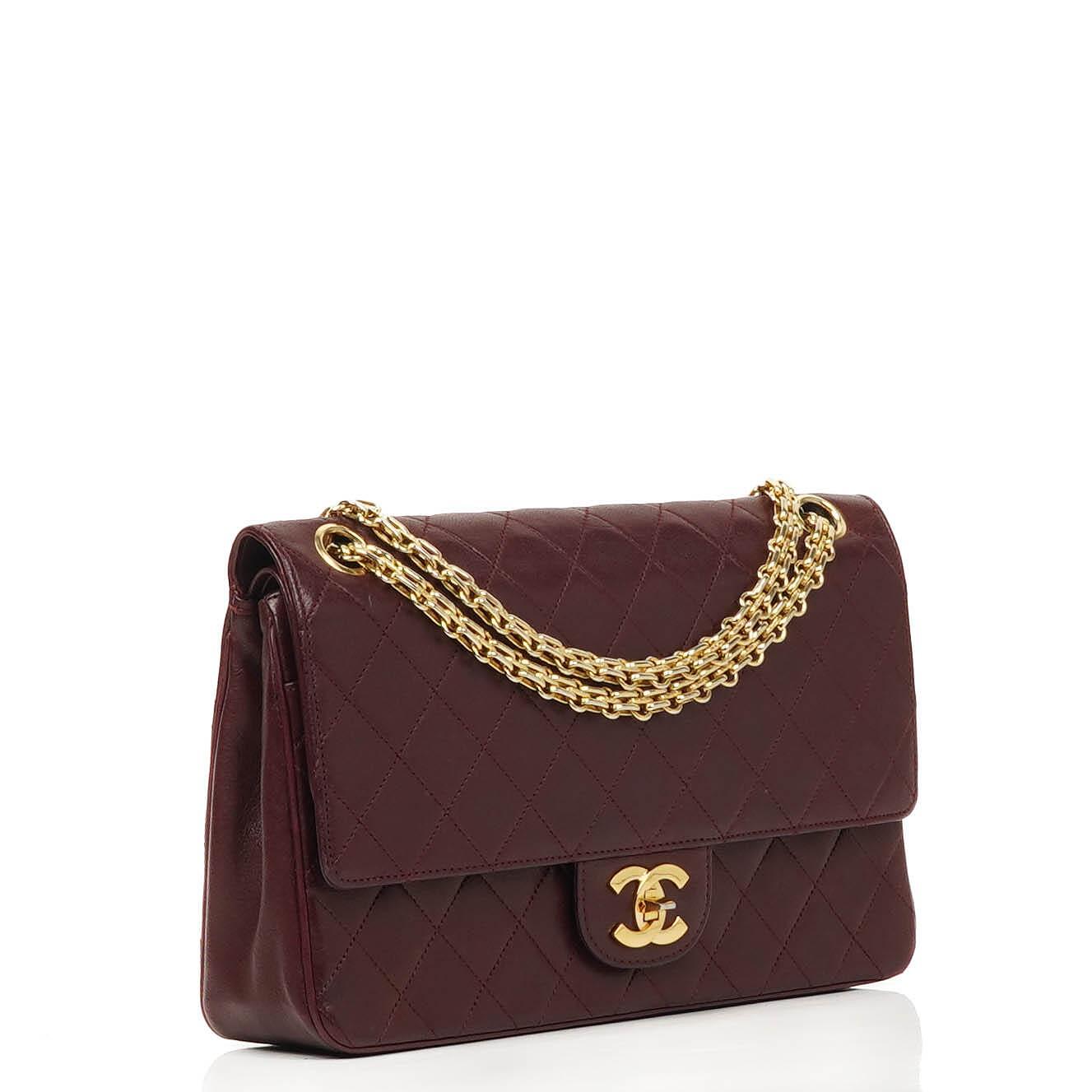 Chanel Vintage Timeless Classic Medium Double Flap Bag Burgundy Quilted Lambskin With Gold-Tone Hardware And Mademoiselle Chain