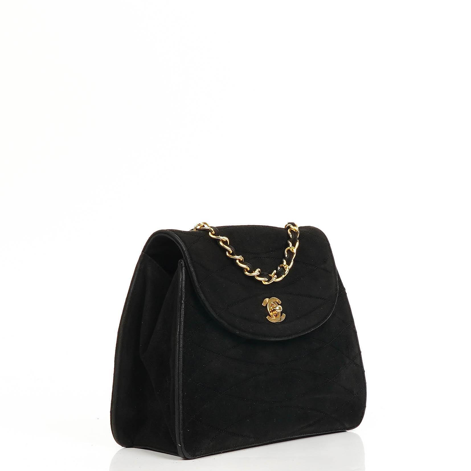 Chanel Mini Trapeze Flap Bag Black Quilted Suede With 24K Gold-Plated Hardware