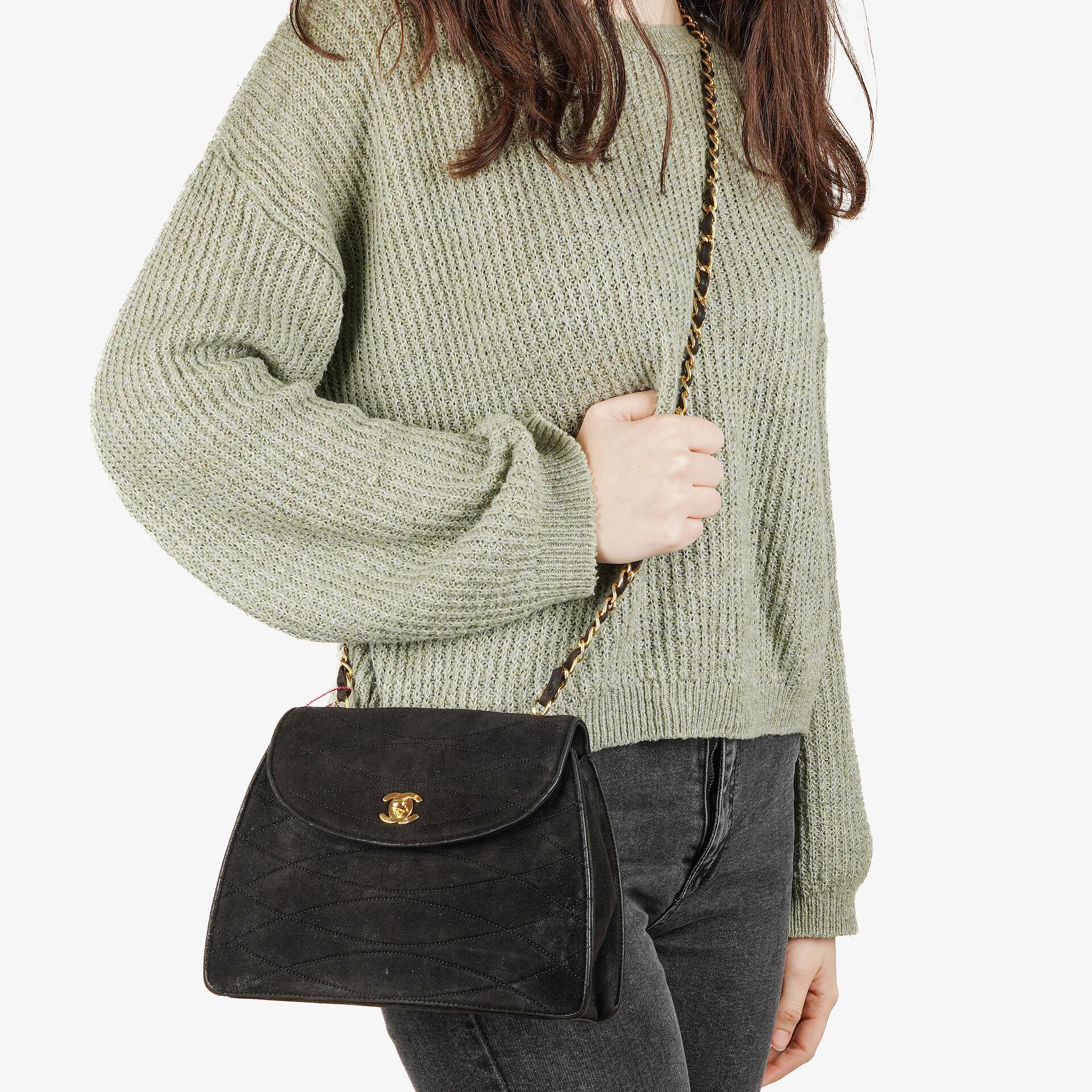 Chanel Mini Trapeze Flap Bag Black Quilted Suede With 24K Gold-Plated Hardware