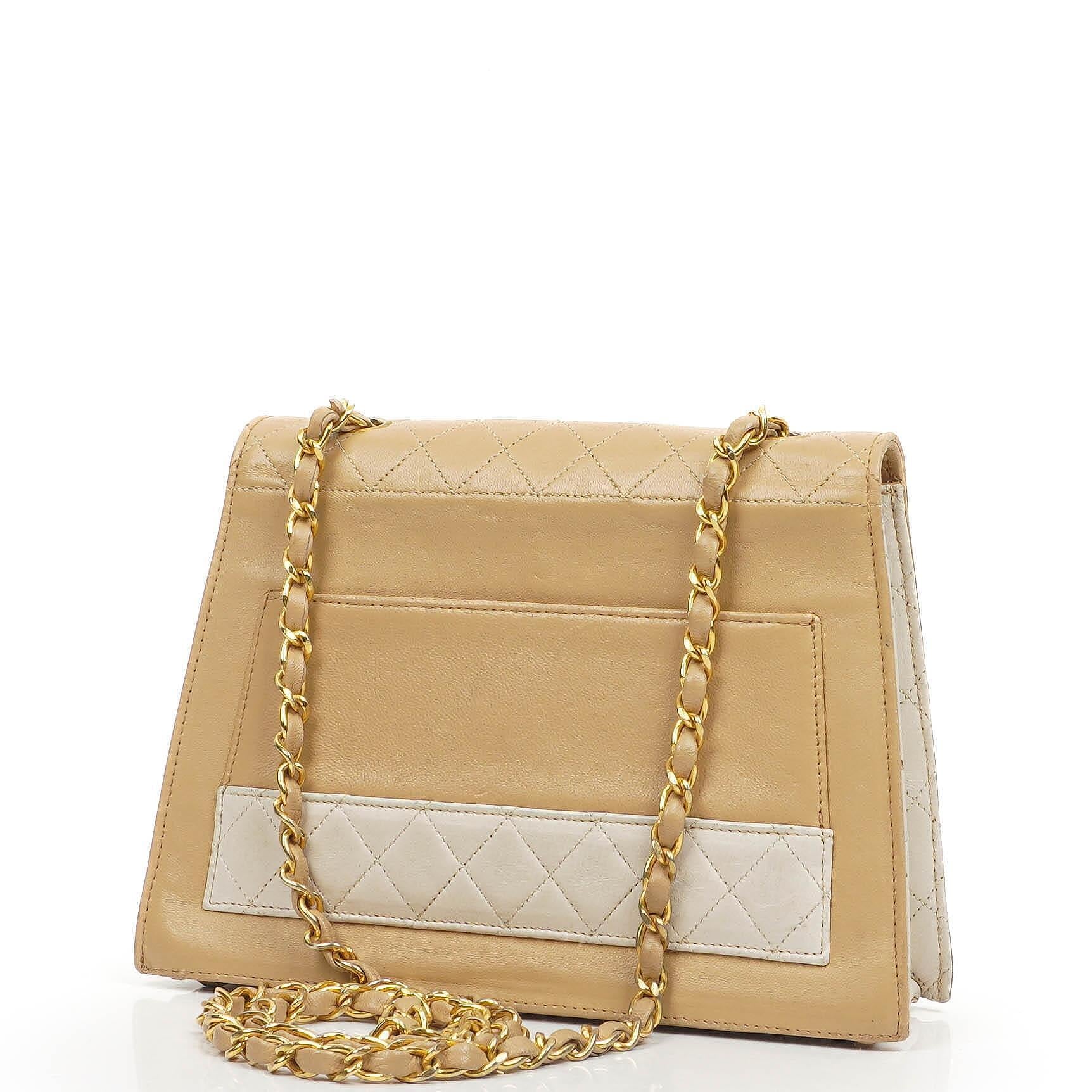 Chanel Vintage Trapezoid Single Flap Bag Beige/White Quilted Leather Gold-Tone Hardware