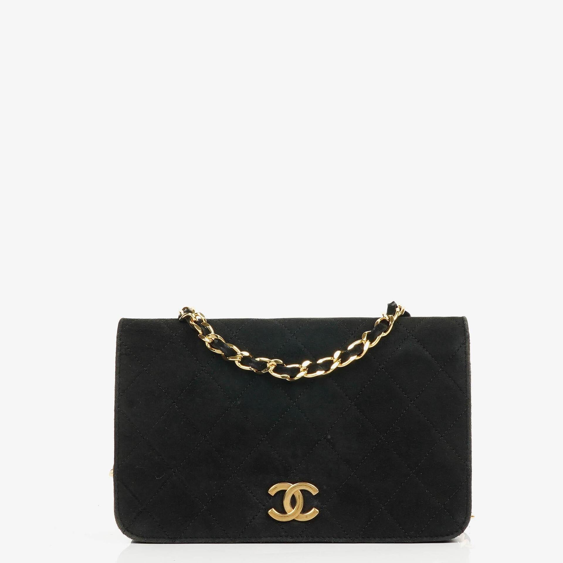 Chanel WOC Mini Classic Full Flap Black Quilted Suede With 24K Gold-Plated Hardware