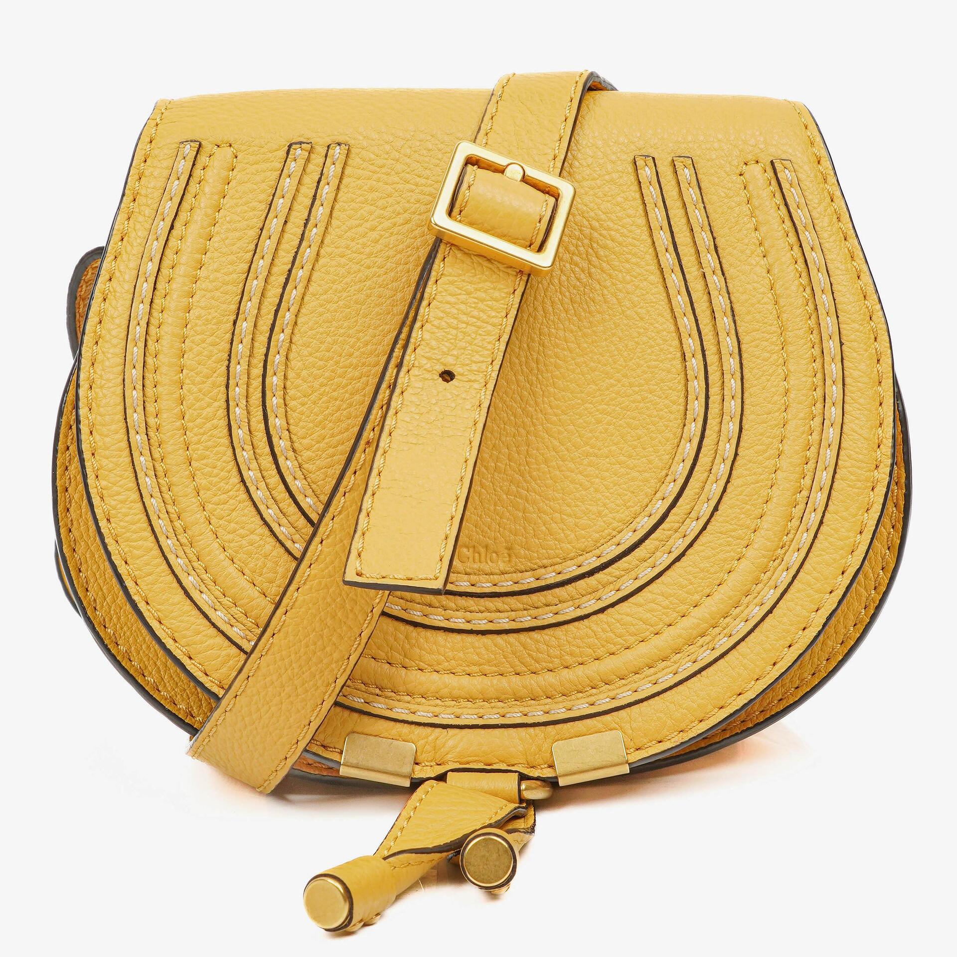 Chloe Marcie Saddle Small Crossbody Bag In Dusty Yellow Pebbled Leather