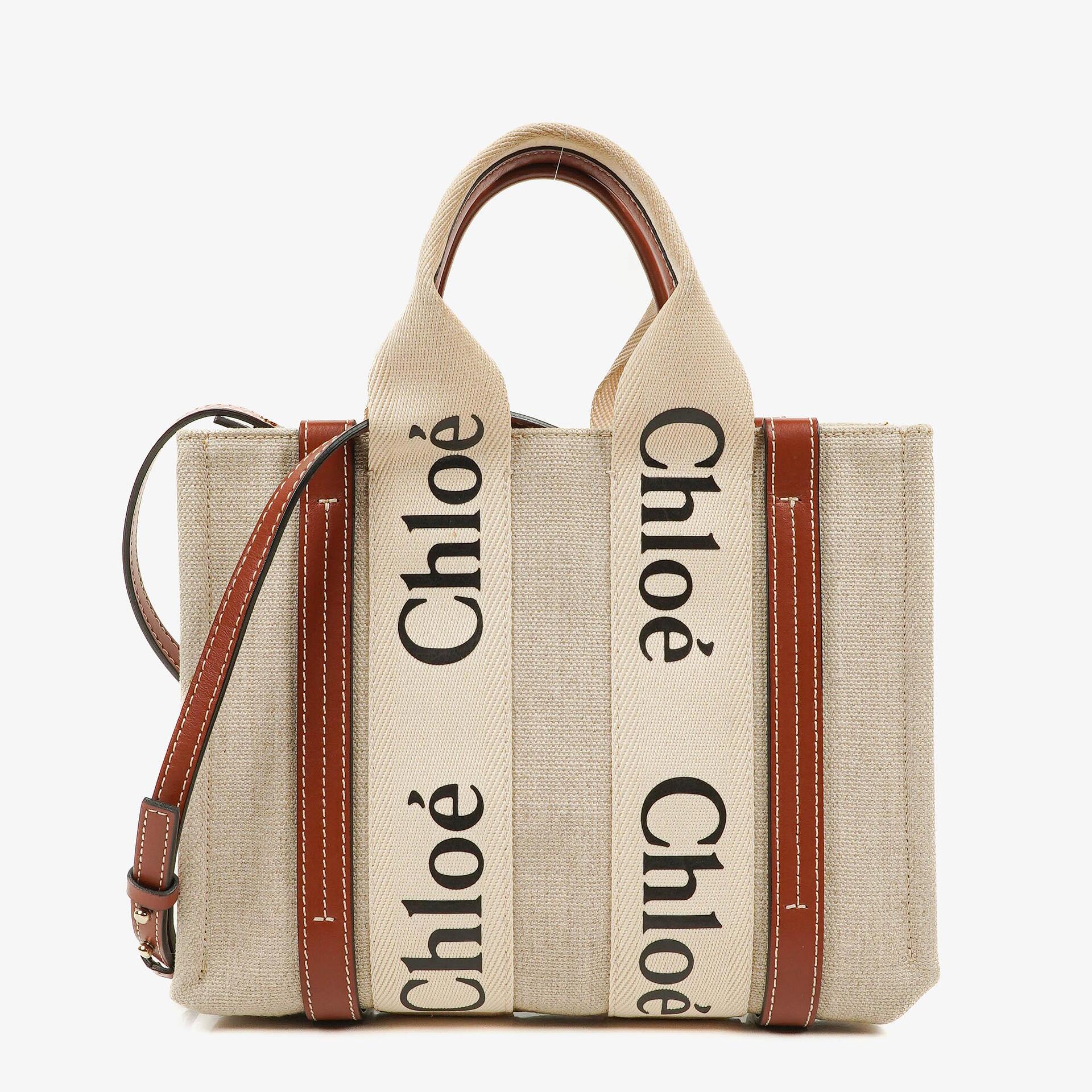 Chloe Small Woody Linen Tote Bag Brown