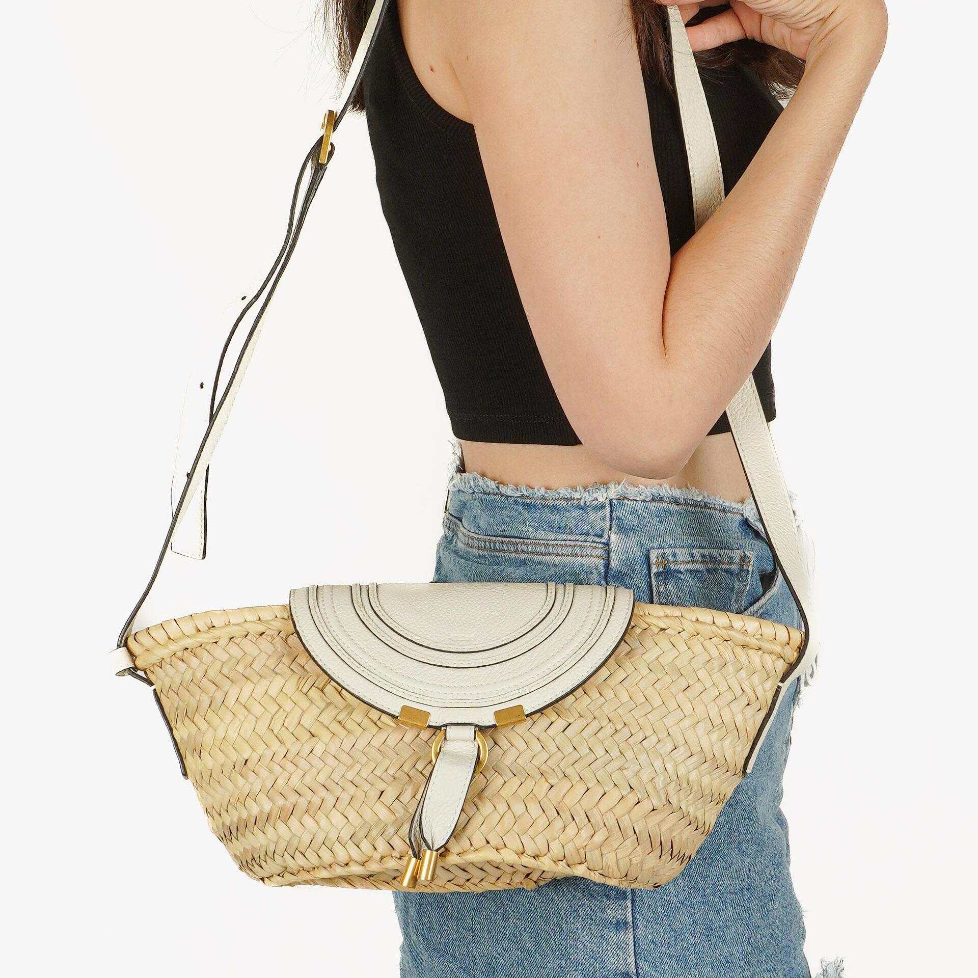 Chloe White/Beige Woven Raffia and Leather Small Marcie Basket Bag