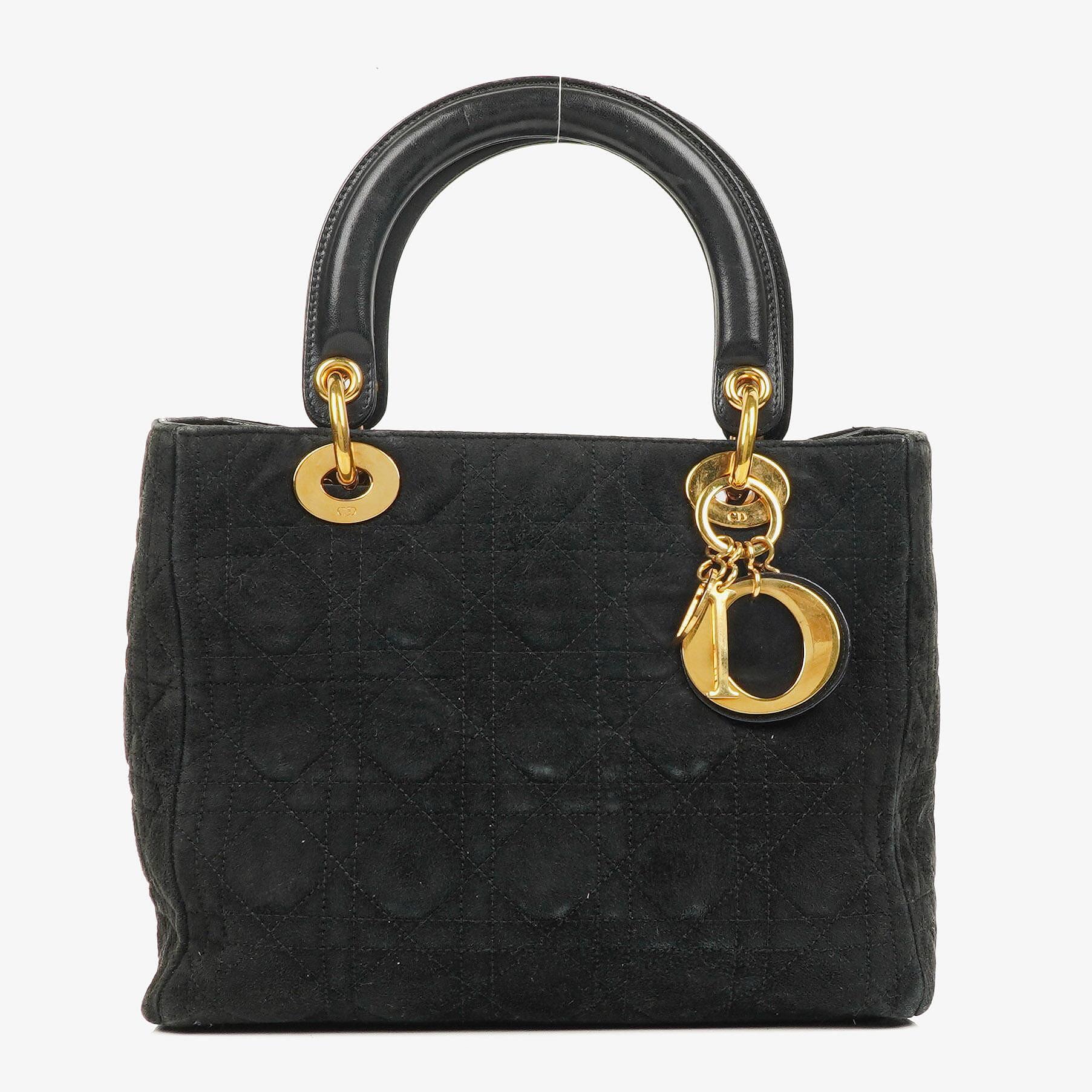 Christian Dior Black Cannage Quilted Suede Leather Lady Dior Bag