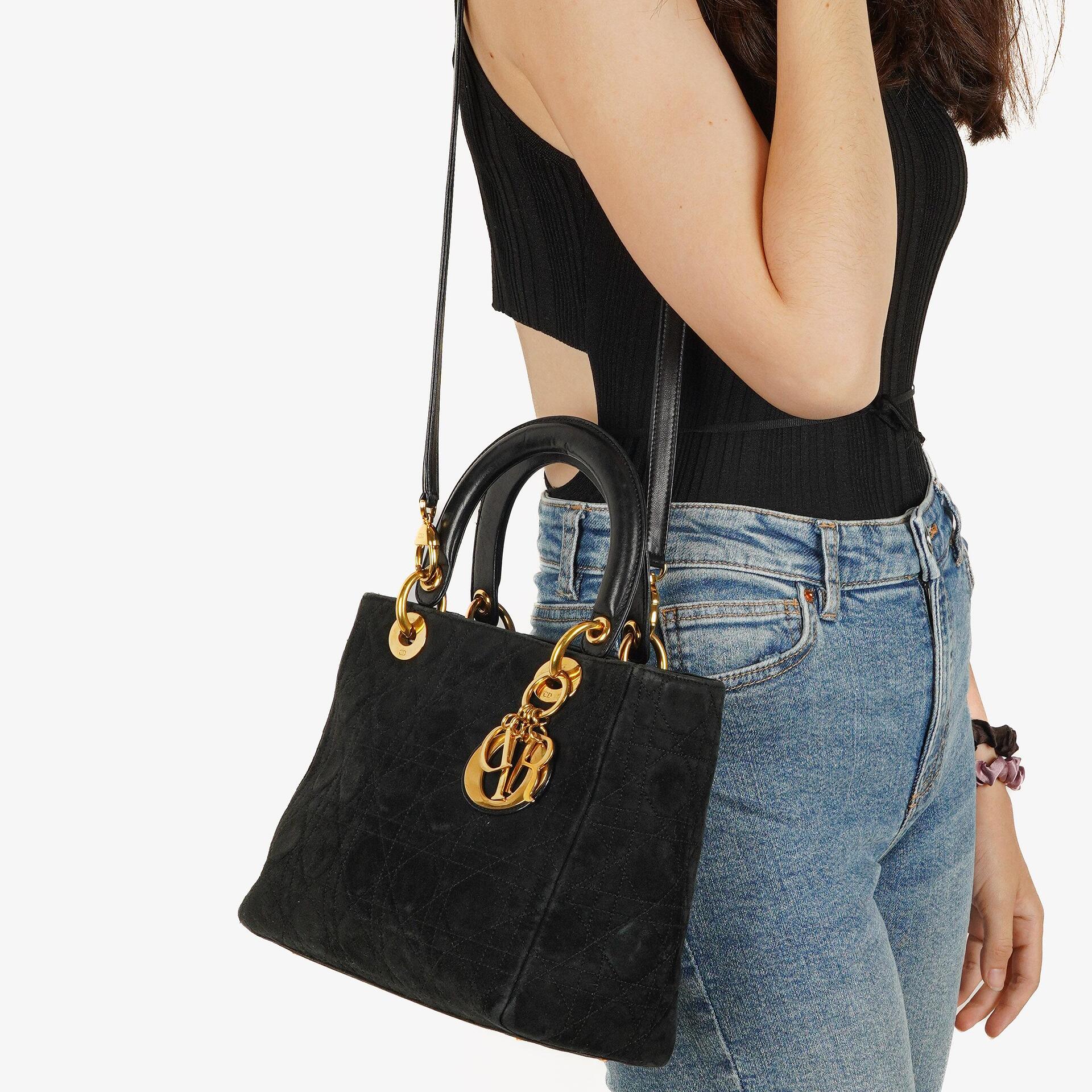Christian Dior Black Cannage Quilted Suede Leather Lady Dior Bag