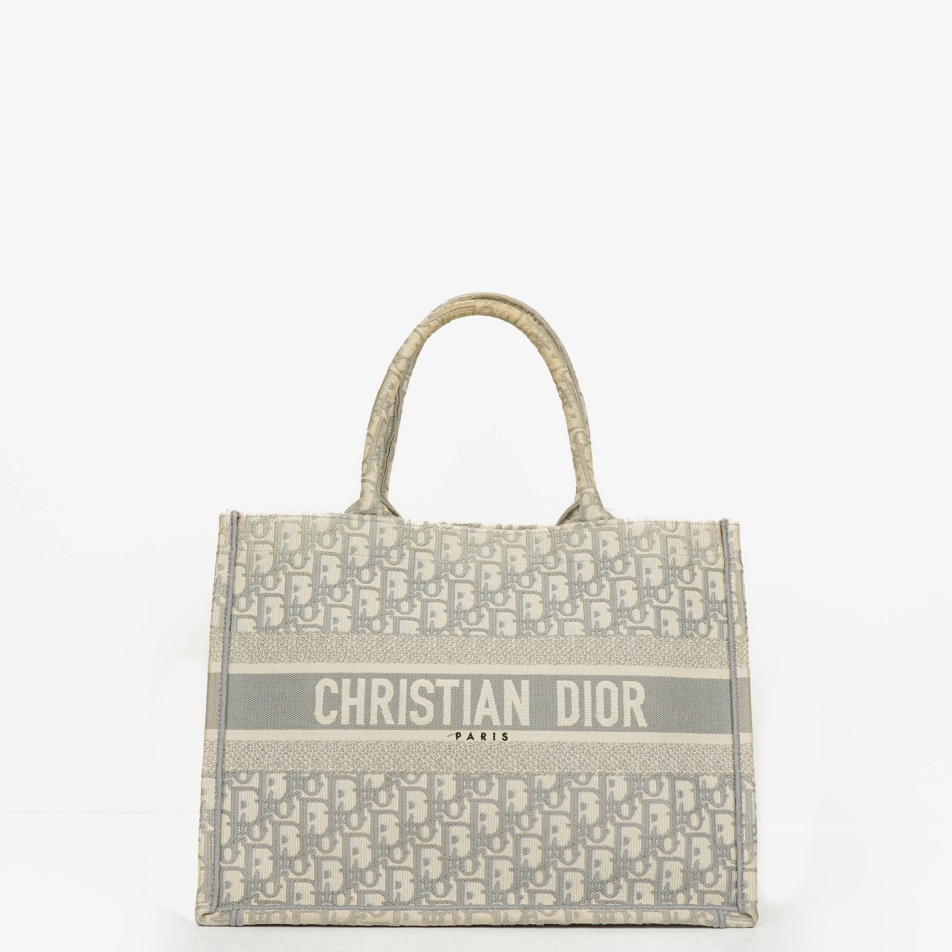 Christian Dior Medium Ecru and Gray Oblique Embroidery Book Tote