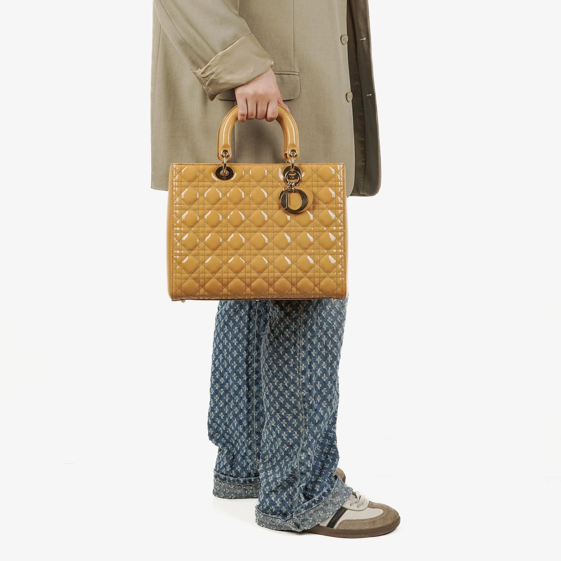 Dior Lady Dior Vintage Large Beige Patent Calfskin Handbag