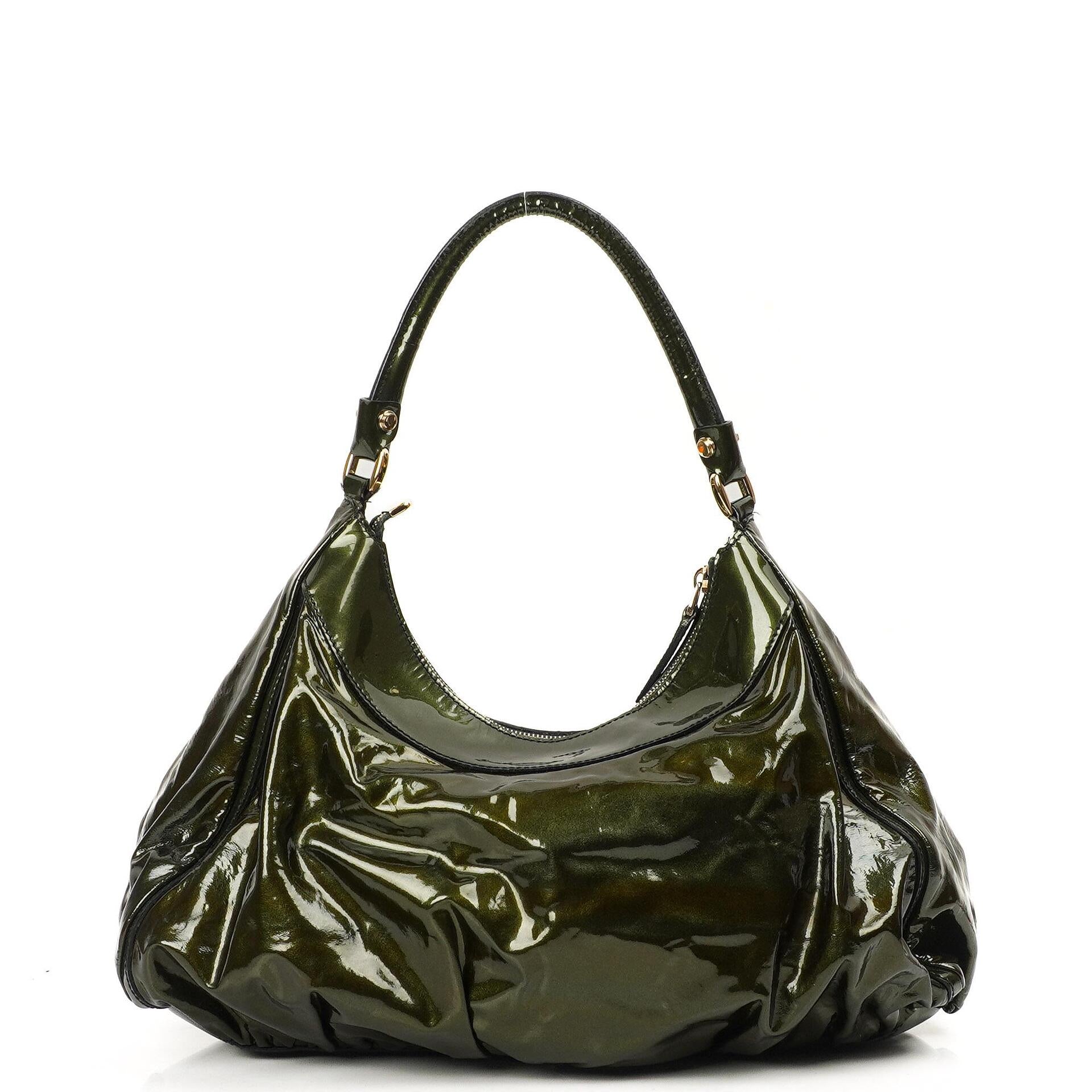 Gucci Abbey D-Ring Olive Green Patent Leather Hobo Bag