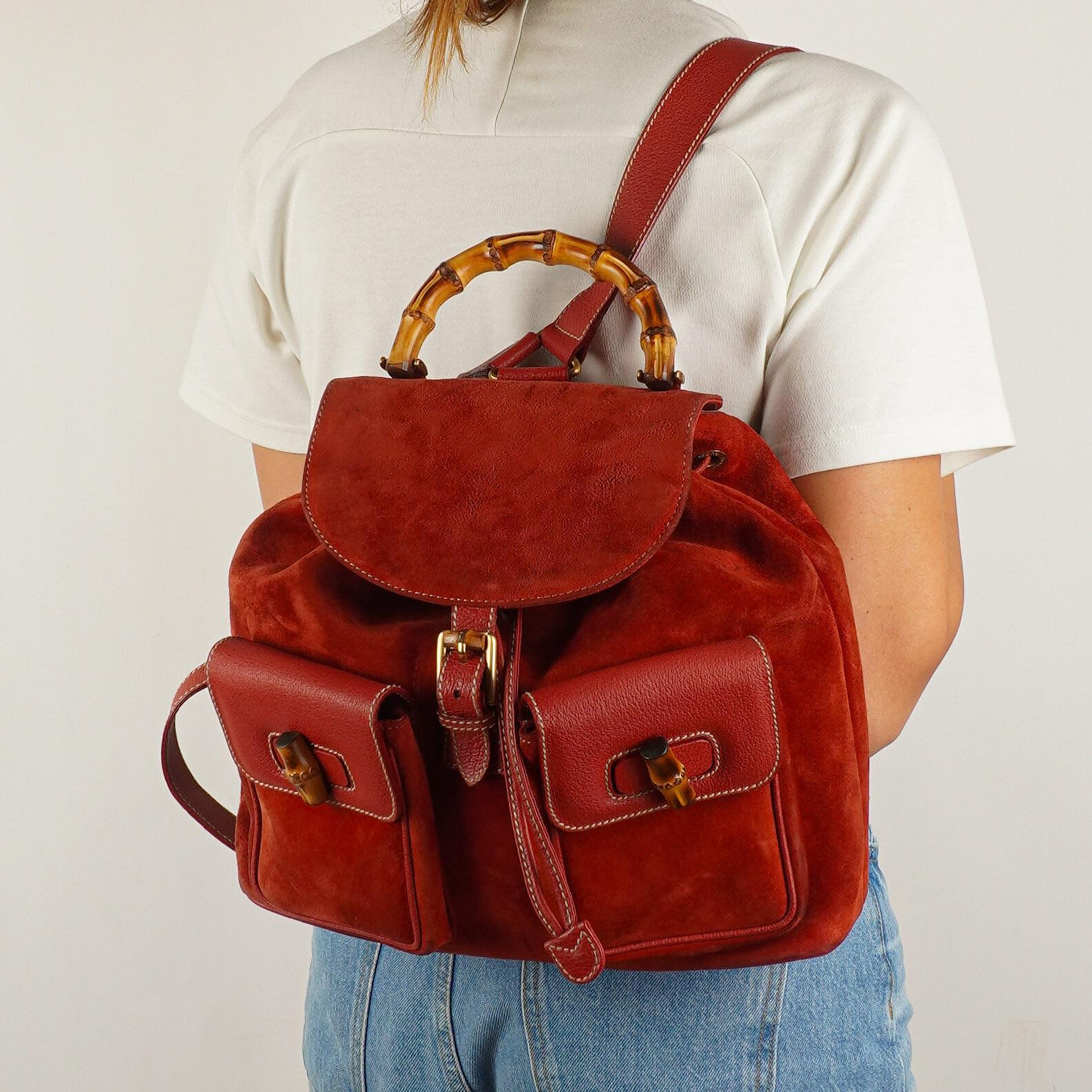 Gucci Bamboo Red Suede And Leather Backpack