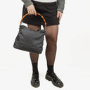 Gucci Bamboo Top Handle Grey Canvas Hobo Bag