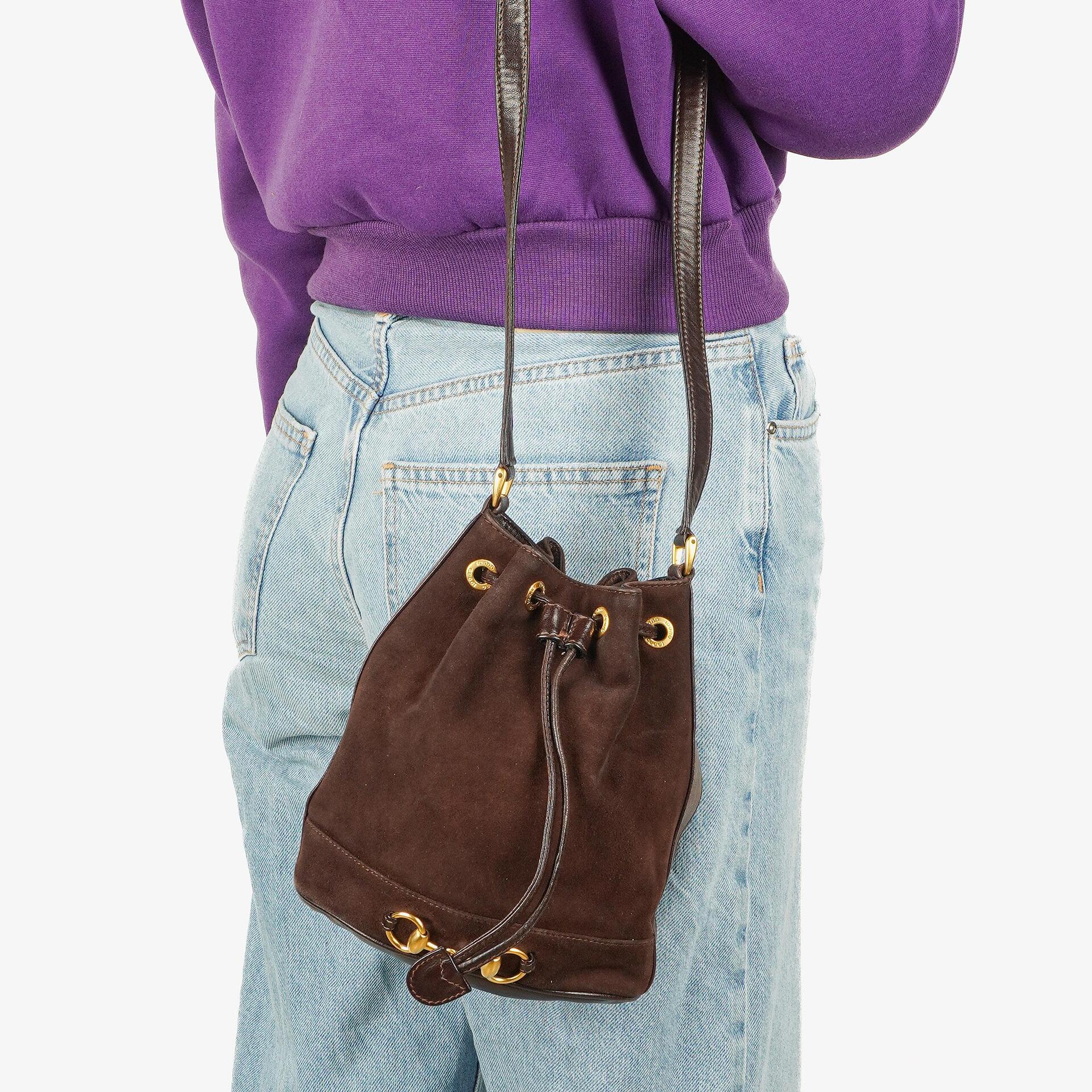 Gucci Brown Leather And Suede Horsebit Chain Drawstring Bucket Bag