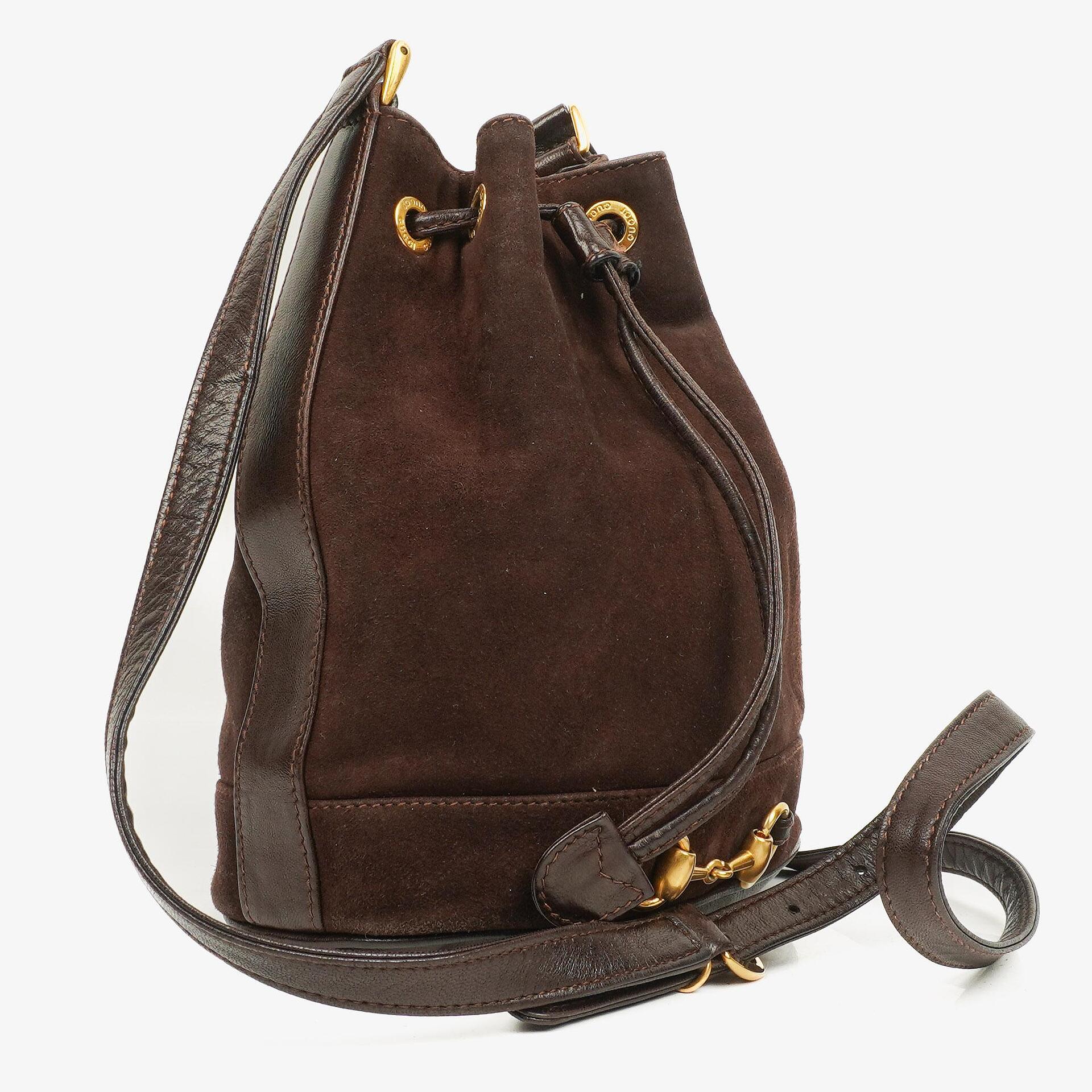 Gucci Brown Leather And Suede Horsebit Chain Drawstring Bucket Bag